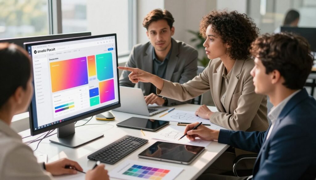A sleek, modern workspace featuring a diverse group of professionals collaborating on design mockups. In the foreground, a high-resolution digital screen displays vibrant, innovative design templates from Envato Placeit, showcasing various mockup styles. The individuals, dressed in smart business attire, are engaged in an animated discussion, pointing towards the screen. In the middle ground, a stylish table is cluttered with design tools like tablets, sketches, and color palettes, highlighting the creative process. The background features large windows letting in natural light, enhancing the energetic atmosphere. Soft shadows cast by the afternoon sun create a warm, inspiring mood, emphasizing teamwork and creativity in design. The scene captures the evolution of design tools in a modern setting. A sleek, modern workspace featuring a diverse group of professionals collaborating on design mockups. In the foreground, a high-resolution digital screen displays vibrant, innovative design templates from Envato Placeit, showcasing various mockup styles. The individuals, dressed in smart business attire, are engaged in an animated discussion, pointing towards the screen. In the middle ground, a stylish table is cluttered with design tools like tablets, sketches, and color palettes, highlighting the creative process. The background features large windows letting in natural light, enhancing the energetic atmosphere. Soft shadows cast by the afternoon sun create a warm, inspiring mood, emphasizing teamwork and creativity in design. The scene captures the evolution of design tools in a modern setting.