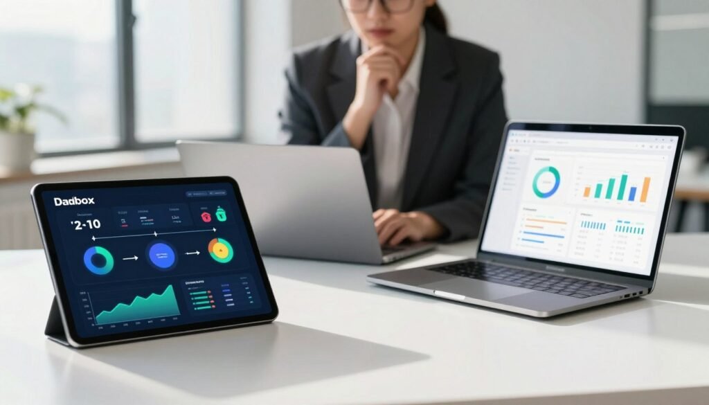 A sleek, modern workspace featuring a simplified workflow diagram for Databox, visually representing key performance metrics. In the foreground, a digital tablet displays colorful graphs and data visuals, while a sophisticated laptop is open with a flowing interface showcasing an intuitive dashboard. The middle ground reveals a professional business person in smart attire, analyzing the information with a thoughtful expression. The background features a clean office environment with large windows allowing natural light to pour in, creating a bright and invigorating atmosphere. The overall mood is one of clarity and efficiency, accentuated by soft shadows and a harmonious color palette of blue, white, and green to symbolize productivity. A sleek, modern workspace featuring a simplified workflow diagram for Databox, visually representing key performance metrics. In the foreground, a digital tablet displays colorful graphs and data visuals, while a sophisticated laptop is open with a flowing interface showcasing an intuitive dashboard. The middle ground reveals a professional business person in smart attire, analyzing the information with a thoughtful expression. The background features a clean office environment with large windows allowing natural light to pour in, creating a bright and invigorating atmosphere. The overall mood is one of clarity and efficiency, accentuated by soft shadows and a harmonious color palette of blue, white, and green to symbolize productivity.