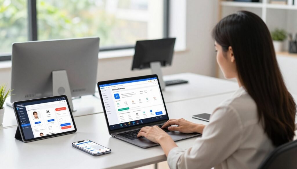 A sleek, modern workspace showcasing the powerful features of the Vendoo crosslisting platform. In the foreground, a well-dressed professional woman using a laptop, engaged in managing multiple online sales platforms simultaneously, with visual data charts displayed on her screen. The middle ground features an organized desk with smartphones and tablets illustrating various e-commerce interfaces. In the background, a large window allows natural light to pour in, illuminating the space and creating a bright, inspirational mood. The soft focus on greenery outside adds a touch of freshness. The overall atmosphere is dynamic and forward-thinking, exuding creativity and efficiency in online selling. Use bright, clear lighting and a wide-angle lens for a spacious feel. A sleek, modern workspace showcasing the powerful features of the Vendoo crosslisting platform. In the foreground, a well-dressed professional woman using a laptop, engaged in managing multiple online sales platforms simultaneously, with visual data charts displayed on her screen. The middle ground features an organized desk with smartphones and tablets illustrating various e-commerce interfaces. In the background, a large window allows natural light to pour in, illuminating the space and creating a bright, inspirational mood. The soft focus on greenery outside adds a touch of freshness. The overall atmosphere is dynamic and forward-thinking, exuding creativity and efficiency in online selling. Use bright, clear lighting and a wide-angle lens for a spacious feel.