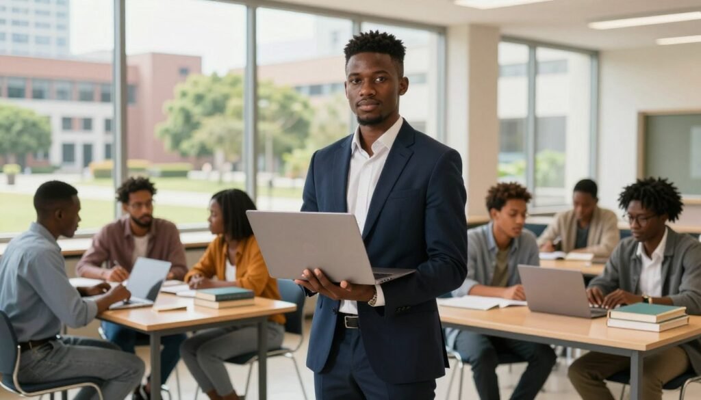 A sophisticated and dynamic scene showcasing a young Nigerian entrepreneur engaged in an academic environment. In the foreground, a well-dressed individual, wearing a tailored suit and holding a laptop, stands confidently in a modern university setting, symbolizing ambition and international education. The middle ground includes a diverse group of students immersed in collaborative discussions around tables filled with books and digital devices, indicating a vibrant exchange of ideas. In the background, large windows reveal a sunny urban campus with trees and architecture reflecting global influences. Bright, natural lighting fills the room, creating an atmosphere of innovation and opportunity. The mood is inspirational and aspirational, capturing the essence of personal and academic growth. A sophisticated and dynamic scene showcasing a young Nigerian entrepreneur engaged in an academic environment. In the foreground, a well-dressed individual, wearing a tailored suit and holding a laptop, stands confidently in a modern university setting, symbolizing ambition and international education. The middle ground includes a diverse group of students immersed in collaborative discussions around tables filled with books and digital devices, indicating a vibrant exchange of ideas. In the background, large windows reveal a sunny urban campus with trees and architecture reflecting global influences. Bright, natural lighting fills the room, creating an atmosphere of innovation and opportunity. The mood is inspirational and aspirational, capturing the essence of personal and academic growth.