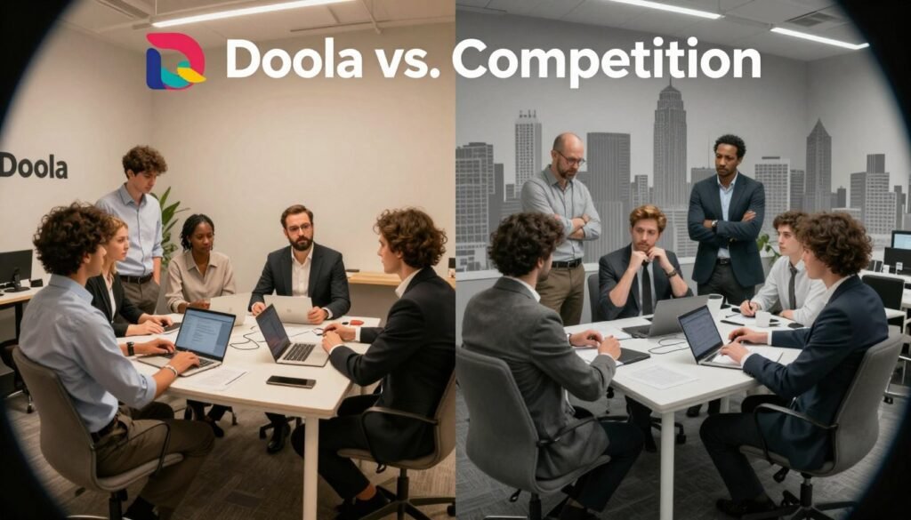 A split scene illustrating "Doola vs. Competition." On the left, a professional business setting showcasing a diverse group of entrepreneurs discussing their startup ideas, dressed in business attire. Doola's logo is subtly integrated into their workspace, creating a warm and inviting atmosphere with soft lighting. On the right, a contrasting scene depicting more traditional competitors with a dated office design, showing tension among team members. The background features a skyline representing innovation on Doola's side and a gray, monotonous cityscape on the competitor's side. The image conveys a sense of progress and uniqueness, emphasizing Doola's modern approach to entrepreneurship. Use a slight fisheye lens effect to enhance depth and focus on the entrepreneurs’ dynamic interaction. A split scene illustrating "Doola vs. Competition." On the left, a professional business setting showcasing a diverse group of entrepreneurs discussing their startup ideas, dressed in business attire. Doola's logo is subtly integrated into their workspace, creating a warm and inviting atmosphere with soft lighting. On the right, a contrasting scene depicting more traditional competitors with a dated office design, showing tension among team members. The background features a skyline representing innovation on Doola's side and a gray, monotonous cityscape on the competitor's side. The image conveys a sense of progress and uniqueness, emphasizing Doola's modern approach to entrepreneurship. Use a slight fisheye lens effect to enhance depth and focus on the entrepreneurs’ dynamic interaction.