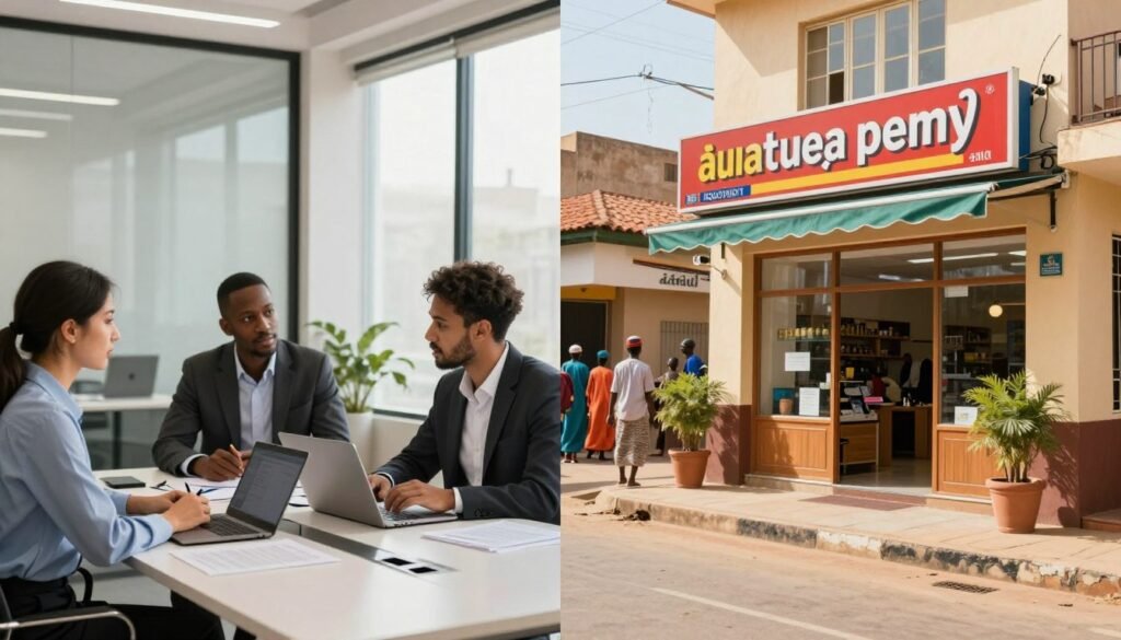 A split-screen image illustrating the concept of choosing between creating a new business entity and taking over an existing one. On the left, a modern office environment showing a diverse group of three professionals engaged in a brainstorming session, seated around a sleek conference table, with documents and laptops in front of them. They are dressed in smart business attire. On the right, a welcoming façade of a small, established local business with vibrant signage, suggesting the idea of acquisition. In the background, a lively street scene showcasing African architecture and culture, bathed in warm, natural light, emphasizing growth and opportunity. The overall mood is one of optimism and professionalism, inviting potential entrepreneurs to consider their choices carefully. A split-screen image illustrating the concept of choosing between creating a new business entity and taking over an existing one. On the left, a modern office environment showing a diverse group of three professionals engaged in a brainstorming session, seated around a sleek conference table, with documents and laptops in front of them. They are dressed in smart business attire. On the right, a welcoming façade of a small, established local business with vibrant signage, suggesting the idea of acquisition. In the background, a lively street scene showcasing African architecture and culture, bathed in warm, natural light, emphasizing growth and opportunity. The overall mood is one of optimism and professionalism, inviting potential entrepreneurs to consider their choices carefully.