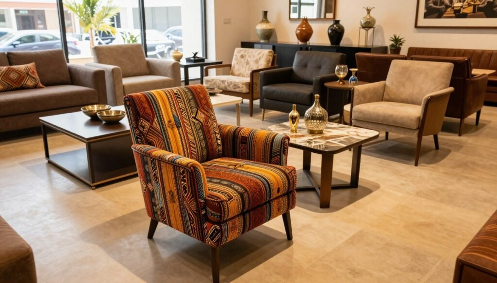 A stylish furniture showroom featuring elegant chairs as the centerpiece, showcasing contemporary Nigerian designs. In the foreground, a beautifully crafted armchair with intricate patterns, upholstered in rich fabric, inviting viewers to see its craftsmanship. In the middle ground, additional furniture pieces are displayed, such as sleek tables and decorative items, arranged in a well-lit, spacious layout. The background reveals large windows letting in warm natural light, enhancing the inviting atmosphere. The scene conveys a sense of innovation and sophistication, reflecting leadership in the business world. The image should be captured with a slightly elevated angle to give a comprehensive view of the showroom, ensuring the colors are vibrant and the overall mood is inspiring and professional. A stylish furniture showroom featuring elegant chairs as the centerpiece, showcasing contemporary Nigerian designs. In the foreground, a beautifully crafted armchair with intricate patterns, upholstered in rich fabric, inviting viewers to see its craftsmanship. In the middle ground, additional furniture pieces are displayed, such as sleek tables and decorative items, arranged in a well-lit, spacious layout. The background reveals large windows letting in warm natural light, enhancing the inviting atmosphere. The scene conveys a sense of innovation and sophistication, reflecting leadership in the business world. The image should be captured with a slightly elevated angle to give a comprehensive view of the showroom, ensuring the colors are vibrant and the overall mood is inspiring and professional.