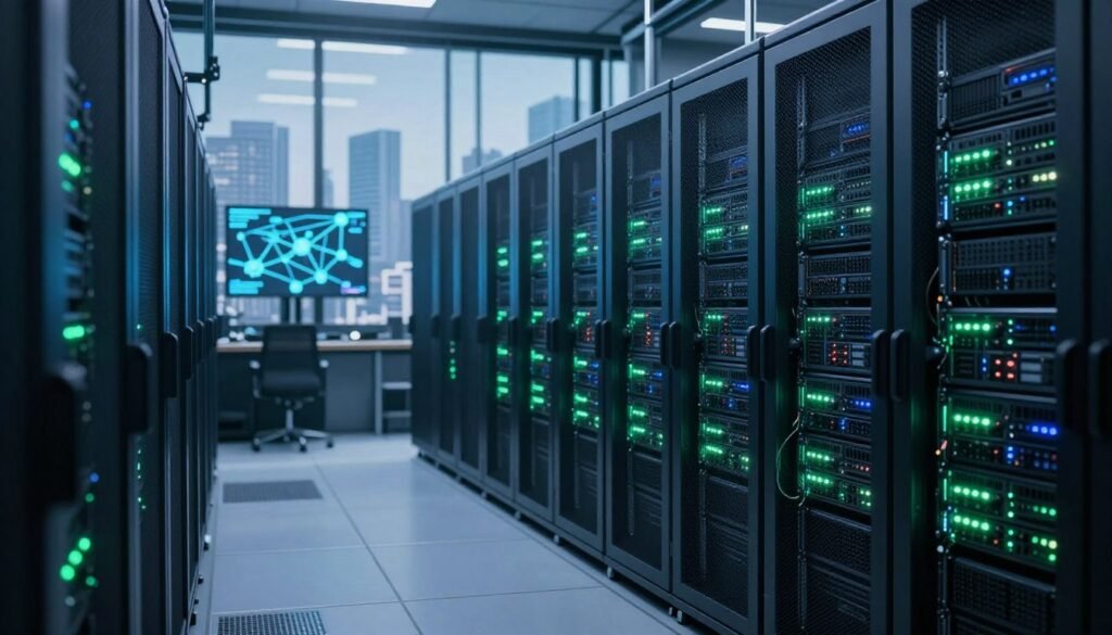 A vast and secure server infrastructure representing a VPN network, featuring rows of sleek, modern servers housed within a state-of-the-art data center. In the foreground, a focus on glowing server racks, their LED lights flickering with dynamic data flows. The middle ground showcases high-tech networking equipment with a network map displaying connections dynamically. In the background, large windows reveal a city skyline, symbolizing global connectivity. The scene is illuminated by soft, ambient blue and green lighting, creating a calming yet high-tech atmosphere. A slight depth of field accentuates the servers, giving the image a professional and immersive feel, ideal for conveying the magnitude and security of a powerful VPN infrastructure. A vast and secure server infrastructure representing a VPN network, featuring rows of sleek, modern servers housed within a state-of-the-art data center. In the foreground, a focus on glowing server racks, their LED lights flickering with dynamic data flows. The middle ground showcases high-tech networking equipment with a network map displaying connections dynamically. In the background, large windows reveal a city skyline, symbolizing global connectivity. The scene is illuminated by soft, ambient blue and green lighting, creating a calming yet high-tech atmosphere. A slight depth of field accentuates the servers, giving the image a professional and immersive feel, ideal for conveying the magnitude and security of a powerful VPN infrastructure.