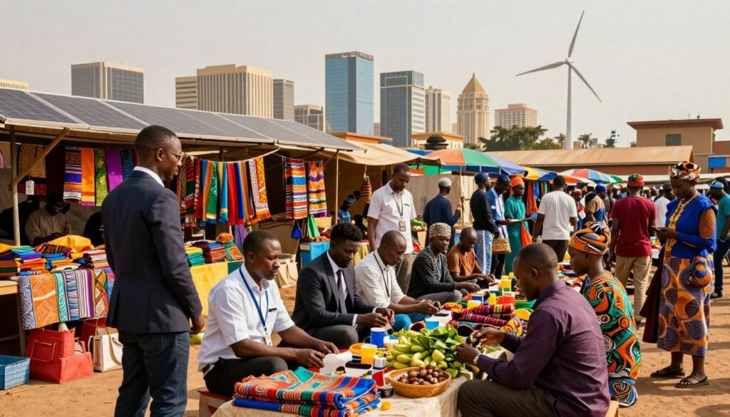 A vibrant African market scene in the foreground, showcasing a diverse group of entrepreneurs engaged in various trades, all dressed in professional business attire and modest casual clothing. In the middle ground, small stalls are filled with colorful textiles, fresh produce, and handmade crafts, symbolizing dynamic sectors of the African economy. The background features a city skyline reflecting modernity, with solar panels and wind turbines illustrating sustainable development. The scene is bathed in warm, natural light, accentuating the lively atmosphere. A low-angle perspective captures the hustle and bustle, evoking a sense of opportunity and growth. The overall mood is optimistic and energetic, highlighting the potential for entrepreneurship in Africa. A vibrant African market scene in the foreground, showcasing a diverse group of entrepreneurs engaged in various trades, all dressed in professional business attire and modest casual clothing. In the middle ground, small stalls are filled with colorful textiles, fresh produce, and handmade crafts, symbolizing dynamic sectors of the African economy. The background features a city skyline reflecting modernity, with solar panels and wind turbines illustrating sustainable development. The scene is bathed in warm, natural light, accentuating the lively atmosphere. A low-angle perspective captures the hustle and bustle, evoking a sense of opportunity and growth. The overall mood is optimistic and energetic, highlighting the potential for entrepreneurship in Africa.