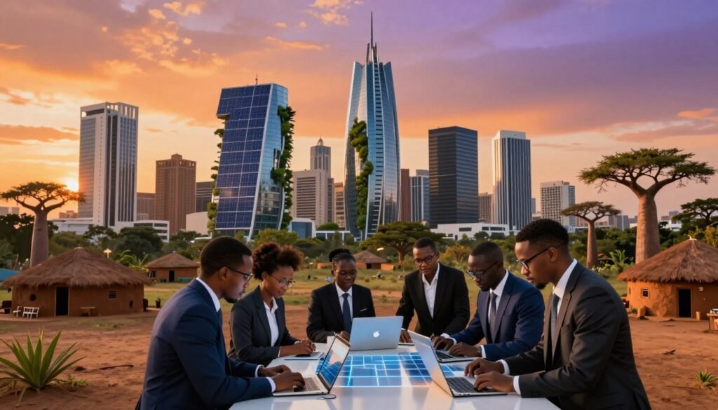 A vibrant African technological landscape at sunset, showcasing a modern city skyline filled with innovative architecture, such as sleek skyscrapers adorned with solar panels and greenery. In the foreground, a group of diverse professionals in business attire collaborate around a high-tech table with digital devices, exemplifying teamwork and innovation. The middle ground features a blend of traditional African elements—like mud huts and baobab trees—contrasting against the technological infrastructure. The background includes a bright orange and purple sky, casting a warm glow over the scene with soft, ambient lighting. The mood is optimistic and aspirational, reflecting Africa's dynamic technological evolution and the potential for growth in the ecosystem. A vibrant African technological landscape at sunset, showcasing a modern city skyline filled with innovative architecture, such as sleek skyscrapers adorned with solar panels and greenery. In the foreground, a group of diverse professionals in business attire collaborate around a high-tech table with digital devices, exemplifying teamwork and innovation. The middle ground features a blend of traditional African elements—like mud huts and baobab trees—contrasting against the technological infrastructure. The background includes a bright orange and purple sky, casting a warm glow over the scene with soft, ambient lighting. The mood is optimistic and aspirational, reflecting Africa's dynamic technological evolution and the potential for growth in the ecosystem.