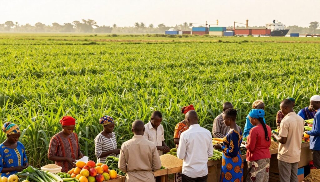 A vibrant agricultural landscape showcasing the growth of agricultural exports in Africa. In the foreground, depict a diverse group of farmers in professional attire, engaging in a bustling market setting, surrounded by colorful produce such as fruits, vegetables, and grains. The middle ground features lush green fields with crops thriving under the sun, representing productivity and growth. In the background, faint silhouettes of shipping containers and cargo ships suggest the exportation process, hinting at international trade connections. Soft, warm lighting enhances the atmosphere, evoking a sense of hope and progress. Use a wide-angle lens to capture the vast expanse of this agricultural scene, emphasizing the interconnectedness of local farming and global markets. A vibrant agricultural landscape showcasing the growth of agricultural exports in Africa. In the foreground, depict a diverse group of farmers in professional attire, engaging in a bustling market setting, surrounded by colorful produce such as fruits, vegetables, and grains. The middle ground features lush green fields with crops thriving under the sun, representing productivity and growth. In the background, faint silhouettes of shipping containers and cargo ships suggest the exportation process, hinting at international trade connections. Soft, warm lighting enhances the atmosphere, evoking a sense of hope and progress. Use a wide-angle lens to capture the vast expanse of this agricultural scene, emphasizing the interconnectedness of local farming and global markets.