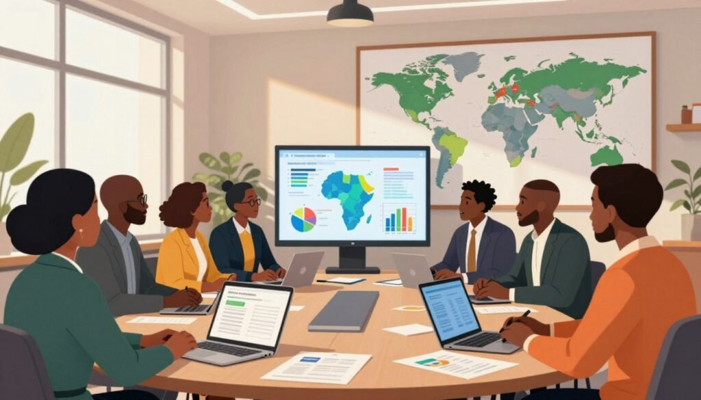 A vibrant and detailed illustration depicting a modern conference room setting centered around venture capital discussions in Africa. In the foreground, a diverse group of professionals in smart business attire engage in a brainstorming session, examining colorful charts and data on a sleek digital screen. The middle ground features a large conference table scattered with laptops and investment documents, while a world map highlighting African countries hangs on the wall, symbolizing focus areas in venture funding. In the background, large windows let in warm natural light, creating an inviting atmosphere. The mood is collaborative and forward-thinking, capturing the essence of key initiatives and practical case studies in African venture capital. Soft focus on the parts of the room not directly engaged in conversation enhances the depth of the scene. A vibrant and detailed illustration depicting a modern conference room setting centered around venture capital discussions in Africa. In the foreground, a diverse group of professionals in smart business attire engage in a brainstorming session, examining colorful charts and data on a sleek digital screen. The middle ground features a large conference table scattered with laptops and investment documents, while a world map highlighting African countries hangs on the wall, symbolizing focus areas in venture funding. In the background, large windows let in warm natural light, creating an inviting atmosphere. The mood is collaborative and forward-thinking, capturing the essence of key initiatives and practical case studies in African venture capital. Soft focus on the parts of the room not directly engaged in conversation enhances the depth of the scene.