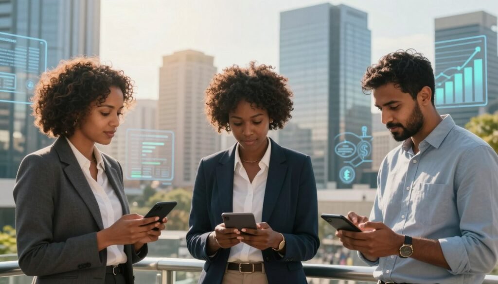 A vibrant and dynamic depiction of African fintech expansion, showcasing a bustling modern city skyline in the background, with tall glass buildings representing technological advancement. In the foreground, a diverse group of three business professionals, a Black female entrepreneur and a Black male entrepreneur, both in formal attire, and a South Asian male tech expert in casual business attire, are engaged in deep discussion over digital devices, symbolizing innovation. Soft golden sunlight filters through, creating a warm and optimistic atmosphere. Include digital graphs and currency symbols subtly integrated into the environment, suggesting growth and interconnectedness. The scene captures the spirit of collaboration and progress in the African fintech landscape. A vibrant and dynamic depiction of African fintech expansion, showcasing a bustling modern city skyline in the background, with tall glass buildings representing technological advancement. In the foreground, a diverse group of three business professionals, a Black female entrepreneur and a Black male entrepreneur, both in formal attire, and a South Asian male tech expert in casual business attire, are engaged in deep discussion over digital devices, symbolizing innovation. Soft golden sunlight filters through, creating a warm and optimistic atmosphere. Include digital graphs and currency symbols subtly integrated into the environment, suggesting growth and interconnectedness. The scene captures the spirit of collaboration and progress in the African fintech landscape.