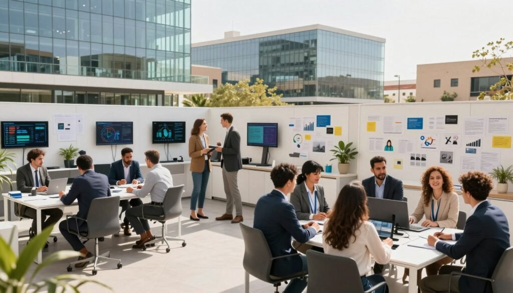 A vibrant and dynamic ecosystem of startups and innovation centered around Technopark Maroc. In the foreground, a diverse group of professionals in business attire collaborates around sleek, modern workspaces, showcasing diversity and creativity. The middle ground features innovative tech displays and brainstorming boards, teeming with ideas and designs. The background reveals the iconic architecture of Technopark Maroc, with its glass buildings reflecting bright sunlight, symbolizing growth and opportunity. The scene is infused with a sense of energy and optimism, with soft, natural light illuminating the space to create a warm, inviting atmosphere. Use a wide-angle lens to capture the entire scene, highlighting the interaction and collaboration within this bustling hub of technological advancement. A vibrant and dynamic ecosystem of startups and innovation centered around Technopark Maroc. In the foreground, a diverse group of professionals in business attire collaborates around sleek, modern workspaces, showcasing diversity and creativity. The middle ground features innovative tech displays and brainstorming boards, teeming with ideas and designs. The background reveals the iconic architecture of Technopark Maroc, with its glass buildings reflecting bright sunlight, symbolizing growth and opportunity. The scene is infused with a sense of energy and optimism, with soft, natural light illuminating the space to create a warm, inviting atmosphere. Use a wide-angle lens to capture the entire scene, highlighting the interaction and collaboration within this bustling hub of technological advancement.
