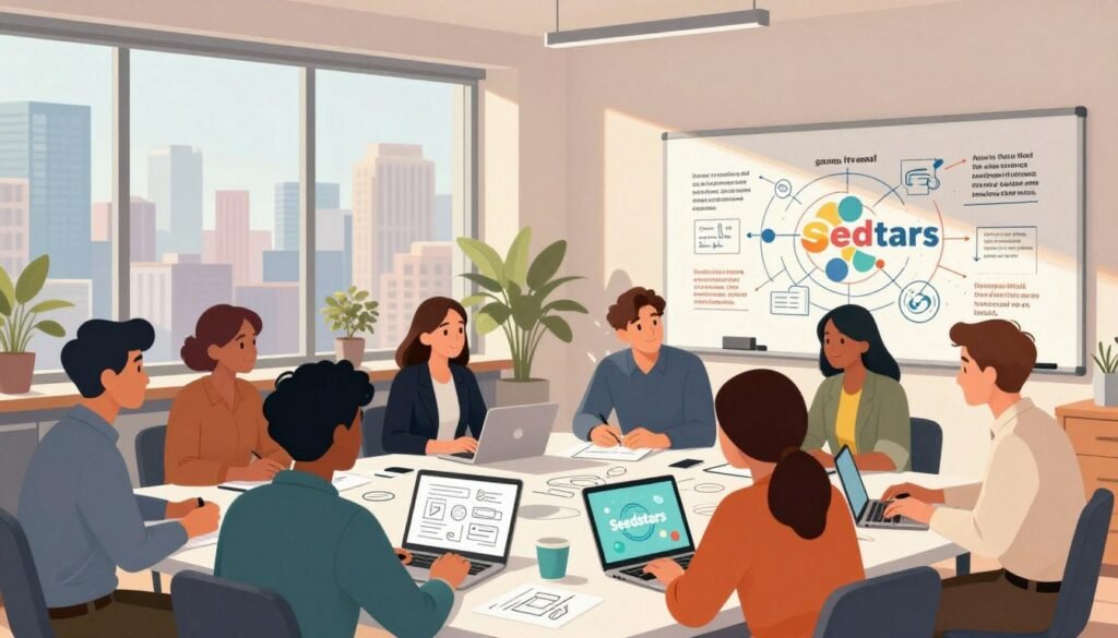 A vibrant and dynamic illustration of the origins of Seedstars, showcasing a diverse group of entrepreneurs in a collaborative workspace. In the foreground, a mix of individuals in professional business attire are engaged around a large table, sharing ideas and sketches. The middle ground features a whiteboard filled with diagrams and inspirational quotes, symbolizing innovation and teamwork. In the background, large windows allow natural light to flood the room, revealing a city skyline that reflects a global approach to innovation. The lighting is bright and uplifting, creating a mood of optimism and creativity. The color palette includes warm tones with accent colors from digital devices, representing the modern entrepreneurial spirit. A vibrant and dynamic illustration of the origins of Seedstars, showcasing a diverse group of entrepreneurs in a collaborative workspace. In the foreground, a mix of individuals in professional business attire are engaged around a large table, sharing ideas and sketches. The middle ground features a whiteboard filled with diagrams and inspirational quotes, symbolizing innovation and teamwork. In the background, large windows allow natural light to flood the room, revealing a city skyline that reflects a global approach to innovation. The lighting is bright and uplifting, creating a mood of optimism and creativity. The color palette includes warm tones with accent colors from digital devices, representing the modern entrepreneurial spirit.