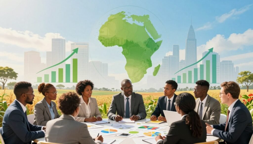 A vibrant and dynamic illustration representing key factors in economic development in Africa. In the foreground, a diverse group of professionals wearing business attire, including men and women of varying ethnicities, engage in a collaborative discussion around a large table filled with charts and graphs. The middle ground features symbolic elements like a globe, growth charts, and agricultural fields, showcasing agriculture, technology, and finance as critical areas of growth. In the background, an outline of an African city skyline under a bright, blue sky, emphasizing optimism and progress. The lighting is warm and inviting, casting soft shadows to create a friendly atmosphere. The overall mood conveys collaboration, innovation, and hope for economic growth. A vibrant and dynamic illustration representing key factors in economic development in Africa. In the foreground, a diverse group of professionals wearing business attire, including men and women of varying ethnicities, engage in a collaborative discussion around a large table filled with charts and graphs. The middle ground features symbolic elements like a globe, growth charts, and agricultural fields, showcasing agriculture, technology, and finance as critical areas of growth. In the background, an outline of an African city skyline under a bright, blue sky, emphasizing optimism and progress. The lighting is warm and inviting, casting soft shadows to create a friendly atmosphere. The overall mood conveys collaboration, innovation, and hope for economic growth.