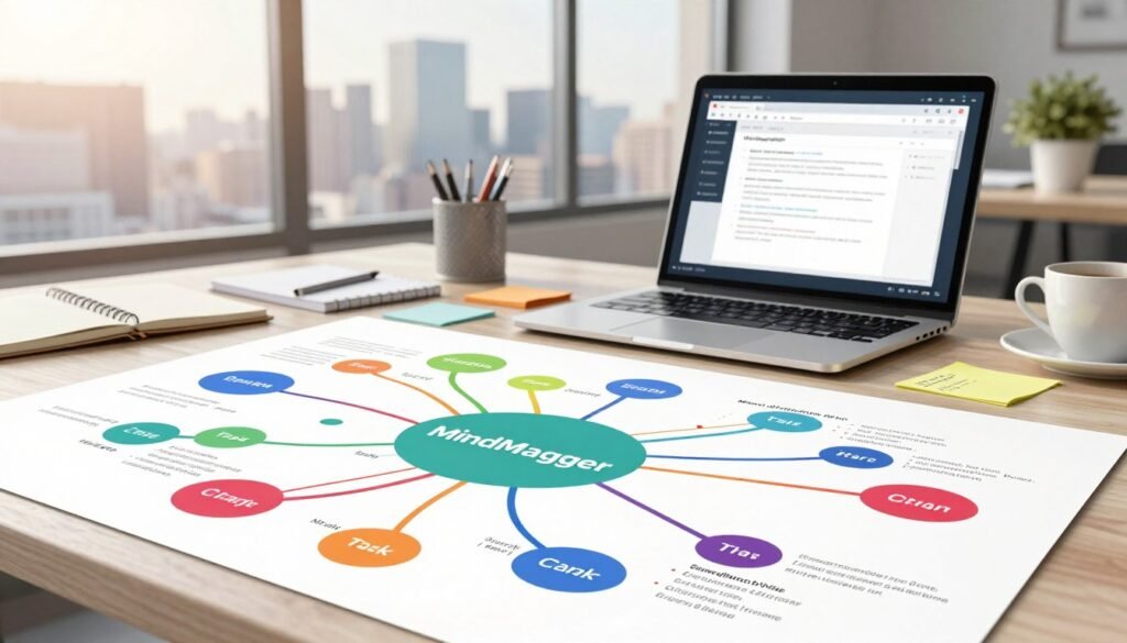 A vibrant and dynamic mind mapping scene showcasing key features of MindManager. In the foreground, an intricate mind map filled with colorful branches and nodes, representing various project management functionalities like task tracking, brainstorming, and timeline visualization. The middle ground features a sleek, modern workspace with a laptop displaying the MindManager interface, surrounded by professional business artifacts like sticky notes, a notepad, and a coffee cup. In the background, a large window offers a view of a city skyline, illuminated by soft, natural lighting that creates an inspiring atmosphere. The overall mood is energetic and focused, suitable for illustrating effective project management. A vibrant and dynamic mind mapping scene showcasing key features of MindManager. In the foreground, an intricate mind map filled with colorful branches and nodes, representing various project management functionalities like task tracking, brainstorming, and timeline visualization. The middle ground features a sleek, modern workspace with a laptop displaying the MindManager interface, surrounded by professional business artifacts like sticky notes, a notepad, and a coffee cup. In the background, a large window offers a view of a city skyline, illuminated by soft, natural lighting that creates an inspiring atmosphere. The overall mood is energetic and focused, suitable for illustrating effective project management.
