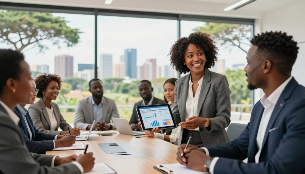 A vibrant and dynamic scene depicting a diverse group of professional individuals engaged in a fundraising discussion in Africa. In the foreground, a well-dressed African woman enthusiastically presents data on a digital tablet, while an African man in business attire takes notes. The middle ground features a modern conference room with a large window showing an urban skyline of an African city. Bright natural light filters through, creating an inviting atmosphere. In the background, a lush landscape with iconic African trees hints at the continent's rich resources and opportunities. The mood is optimistic and collaborative, highlighting the potential and excitement surrounding fundraising initiatives in Africa. The scene is framed with a slight tilt to give an energetic perspective. A vibrant and dynamic scene depicting a diverse group of professional individuals engaged in a fundraising discussion in Africa. In the foreground, a well-dressed African woman enthusiastically presents data on a digital tablet, while an African man in business attire takes notes. The middle ground features a modern conference room with a large window showing an urban skyline of an African city. Bright natural light filters through, creating an inviting atmosphere. In the background, a lush landscape with iconic African trees hints at the continent's rich resources and opportunities. The mood is optimistic and collaborative, highlighting the potential and excitement surrounding fundraising initiatives in Africa. The scene is framed with a slight tilt to give an energetic perspective.