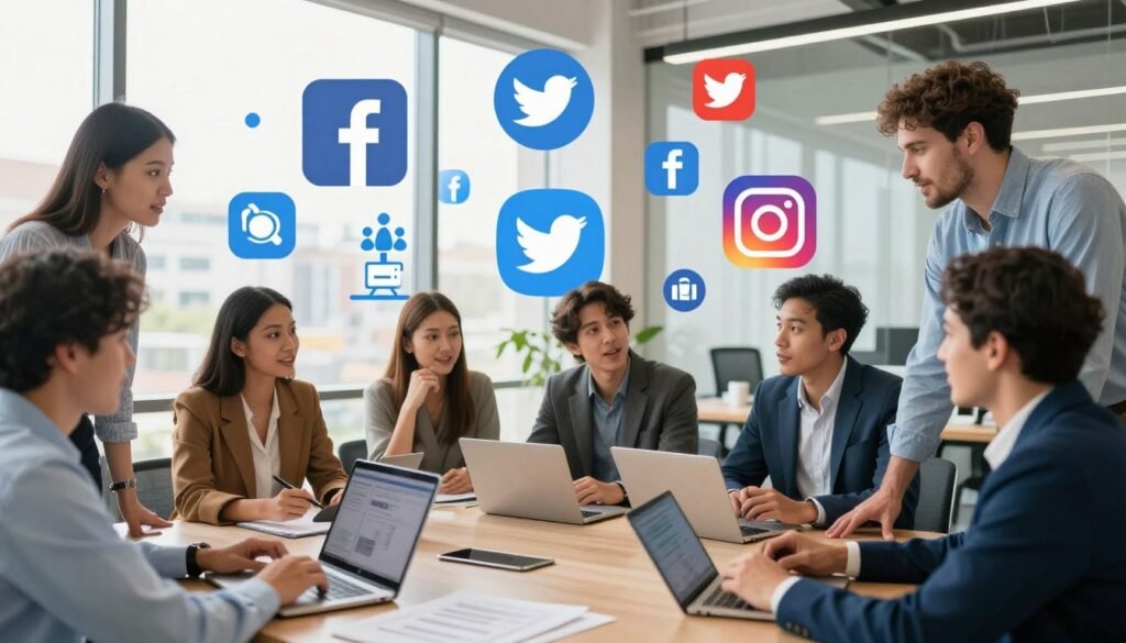 A vibrant and dynamic scene depicting a diverse group of professionals engaged in a lively discussion about social media marketing. In the foreground, a multicultural team of men and women in smart casual attire eagerly shares ideas, using laptops and digital tablets. The middle ground features visual representations of various social media icons like Facebook, Twitter, and Instagram, blending seamlessly with infographics symbolizing community engagement strategies. In the background, a modern office environment with large windows allowing natural light to flood in, creating a bright and welcoming atmosphere. The overall mood is collaborative and inspiring, perfect for illustrating the concept of building an engaged online community through social media marketing. Use a wide-angle lens to capture the intensity and enthusiasm within the team. A vibrant and dynamic scene depicting a diverse group of professionals engaged in a lively discussion about social media marketing. In the foreground, a multicultural team of men and women in smart casual attire eagerly shares ideas, using laptops and digital tablets. The middle ground features visual representations of various social media icons like Facebook, Twitter, and Instagram, blending seamlessly with infographics symbolizing community engagement strategies. In the background, a modern office environment with large windows allowing natural light to flood in, creating a bright and welcoming atmosphere. The overall mood is collaborative and inspiring, perfect for illustrating the concept of building an engaged online community through social media marketing. Use a wide-angle lens to capture the intensity and enthusiasm within the team.