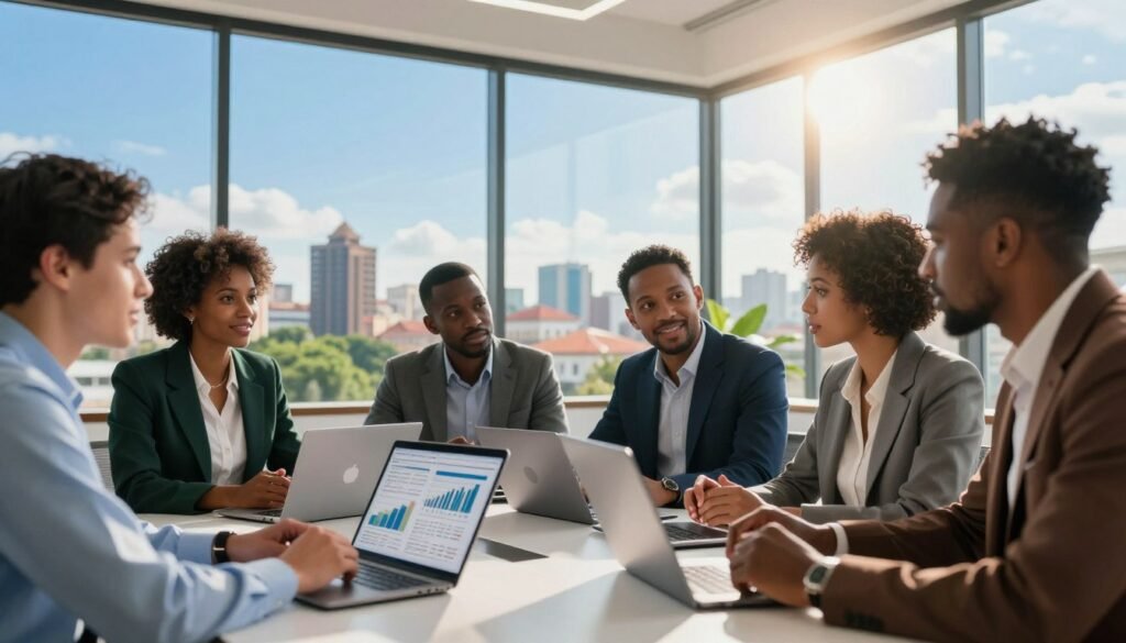 A vibrant and dynamic scene depicting the concept of startup investment in Africa. In the foreground, a diverse group of professionals in smart business attire, engaged in animated discussion around a sleek table with laptops and digital tablets, showcasing graphs and financial data. In the middle ground, a modern office space with large windows exposing a bustling cityscape filled with greenery and traditional architecture, symbolizing growth and innovation. The background features a clear blue sky with the sun shining, casting warm light through the windows, creating an atmosphere of optimism and opportunity. Capture this moment with a slight depth of field, focusing on the professionals, to evoke a sense of collaboration and progress in the entrepreneurial landscape of Africa. A vibrant and dynamic scene depicting the concept of startup investment in Africa. In the foreground, a diverse group of professionals in smart business attire, engaged in animated discussion around a sleek table with laptops and digital tablets, showcasing graphs and financial data. In the middle ground, a modern office space with large windows exposing a bustling cityscape filled with greenery and traditional architecture, symbolizing growth and innovation. The background features a clear blue sky with the sun shining, casting warm light through the windows, creating an atmosphere of optimism and opportunity. Capture this moment with a slight depth of field, focusing on the professionals, to evoke a sense of collaboration and progress in the entrepreneurial landscape of Africa.