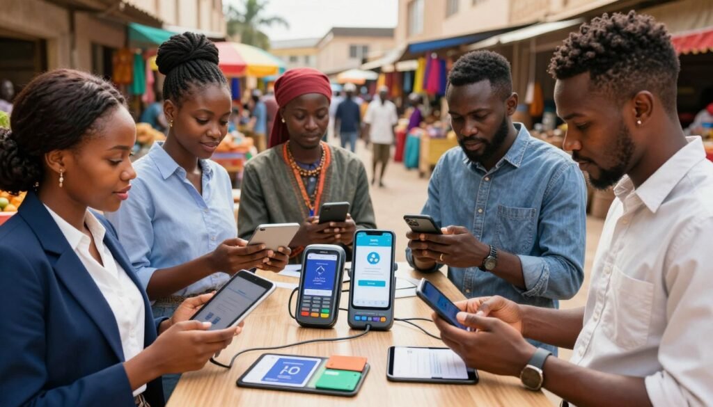 A vibrant and dynamic scene showcasing mobile payment solutions in Africa. In the foreground, a diverse group of professional individuals, including a young African woman with a tablet, a middle-aged man with a smartphone, and a tech-savvy teenager, are engaged in a discussion about digital payments. The middle ground features modern devices like portable payment terminals, banking apps on mobile screens, and digital wallets displayed on tablets. In the background, a bustling market or urban setting filled with colorful stalls and street vendors represents the African entrepreneurial spirit. The lighting is bright and inviting, evoking a sense of innovation and opportunity. Use a wide-angle lens to emphasize the connection and interaction between the individuals and the technology, creating a positive and forward-thinking atmosphere. A vibrant and dynamic scene showcasing mobile payment solutions in Africa. In the foreground, a diverse group of professional individuals, including a young African woman with a tablet, a middle-aged man with a smartphone, and a tech-savvy teenager, are engaged in a discussion about digital payments. The middle ground features modern devices like portable payment terminals, banking apps on mobile screens, and digital wallets displayed on tablets. In the background, a bustling market or urban setting filled with colorful stalls and street vendors represents the African entrepreneurial spirit. The lighting is bright and inviting, evoking a sense of innovation and opportunity. Use a wide-angle lens to emphasize the connection and interaction between the individuals and the technology, creating a positive and forward-thinking atmosphere.