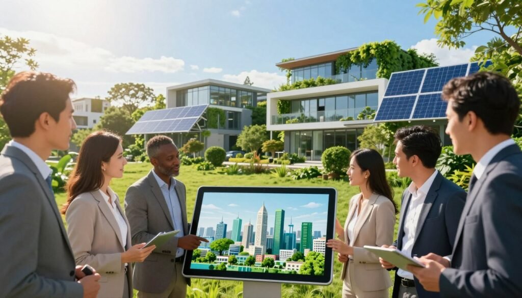 A vibrant and engaging scene depicting the theme of climate initiatives and environmental sustainability. In the foreground, a diverse group of professionals in business attire is collaboratively brainstorming over a large digital tablet displaying a green cityscape. In the middle ground, lush greenery and solar panels are integrated into modern architecture, showcasing innovation and harmony with nature. The background features a clear blue sky illuminated by warm, golden sunlight, creating an optimistic atmosphere. The overall mood should be one of progress and hope, reflecting a commitment to sustainable development. Use a wide-angle lens to capture the expansiveness of the scene, ensuring a bright and clean composition, emphasizing green technology and teamwork. A vibrant and engaging scene depicting the theme of climate initiatives and environmental sustainability. In the foreground, a diverse group of professionals in business attire is collaboratively brainstorming over a large digital tablet displaying a green cityscape. In the middle ground, lush greenery and solar panels are integrated into modern architecture, showcasing innovation and harmony with nature. The background features a clear blue sky illuminated by warm, golden sunlight, creating an optimistic atmosphere. The overall mood should be one of progress and hope, reflecting a commitment to sustainable development. Use a wide-angle lens to capture the expansiveness of the scene, ensuring a bright and clean composition, emphasizing green technology and teamwork.