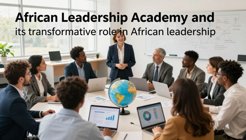 A vibrant and engaging scene illustrating the theme of "African Leadership Academy and its transformative role in African leadership." In the foreground, a diverse group of professionals in business attire are engaged in a collaborative discussion, showcasing leadership and mentorship. In the middle, several interactive elements symbolize networking, such as a globe, laptops, and charts. The background features a bright and modern classroom setting, with large windows allowing natural light to flood the space, creating an inspiring atmosphere. The overall mood is one of empowerment and growth, with warm colors accentuating a sense of community and development. The composition is shot from a slightly elevated angle to capture the interaction and focus on the leaders' expressions, ensuring a professional and uplifting portrayal. A vibrant and engaging scene illustrating the theme of "African Leadership Academy and its transformative role in African leadership." In the foreground, a diverse group of professionals in business attire are engaged in a collaborative discussion, showcasing leadership and mentorship. In the middle, several interactive elements symbolize networking, such as a globe, laptops, and charts. The background features a bright and modern classroom setting, with large windows allowing natural light to flood the space, creating an inspiring atmosphere. The overall mood is one of empowerment and growth, with warm colors accentuating a sense of community and development. The composition is shot from a slightly elevated angle to capture the interaction and focus on the leaders' expressions, ensuring a professional and uplifting portrayal.
