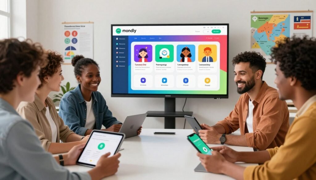 A vibrant and engaging scene showcasing the strengths of the Mondly language immersion app. In the foreground, a diverse group of cheerful learners, men and women of various ethnicities, are interacting with tablets and smartphones, dressed in professional and smart casual attire. The middle ground features a large digital screen displaying the app interface, highlighting its interactive and user-friendly design, with vivid colors and engaging visuals. In the background, a modern, well-lit classroom environment with language learning materials, maps, and motivational posters. Soft, warm lighting creates an inviting atmosphere, emphasizing collaboration and excitement for language learning, with a focus on immersion and engagement. The image captures the essence of using technology to master the French language effectively. A vibrant and engaging scene showcasing the strengths of the Mondly language immersion app. In the foreground, a diverse group of cheerful learners, men and women of various ethnicities, are interacting with tablets and smartphones, dressed in professional and smart casual attire. The middle ground features a large digital screen displaying the app interface, highlighting its interactive and user-friendly design, with vivid colors and engaging visuals. In the background, a modern, well-lit classroom environment with language learning materials, maps, and motivational posters. Soft, warm lighting creates an inviting atmosphere, emphasizing collaboration and excitement for language learning, with a focus on immersion and engagement. The image captures the essence of using technology to master the French language effectively.