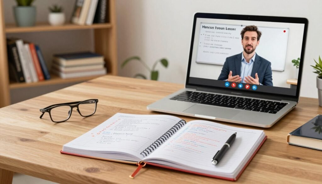A vibrant and engaging workspace showcasing a French lesson planner. In the foreground, a neatly arranged wooden desk holds an open notebook with colorful handwritten notes and a stylish pen, symbolizing personalized learning. In the middle ground, a laptop displays a video call interface where a teacher and student, both dressed in professional attire, are engaging in a discussion about French language lessons. The background features a cozy bookshelf filled with French language books and decorative items that enhance the educational atmosphere. Soft, natural lighting illuminates the scene, creating a warm and inviting mood. The focus is on the harmony of learning and planning, emphasizing flexibility and accessibility in mastering the French language. A vibrant and engaging workspace showcasing a French lesson planner. In the foreground, a neatly arranged wooden desk holds an open notebook with colorful handwritten notes and a stylish pen, symbolizing personalized learning. In the middle ground, a laptop displays a video call interface where a teacher and student, both dressed in professional attire, are engaging in a discussion about French language lessons. The background features a cozy bookshelf filled with French language books and decorative items that enhance the educational atmosphere. Soft, natural lighting illuminates the scene, creating a warm and inviting mood. The focus is on the harmony of learning and planning, emphasizing flexibility and accessibility in mastering the French language.