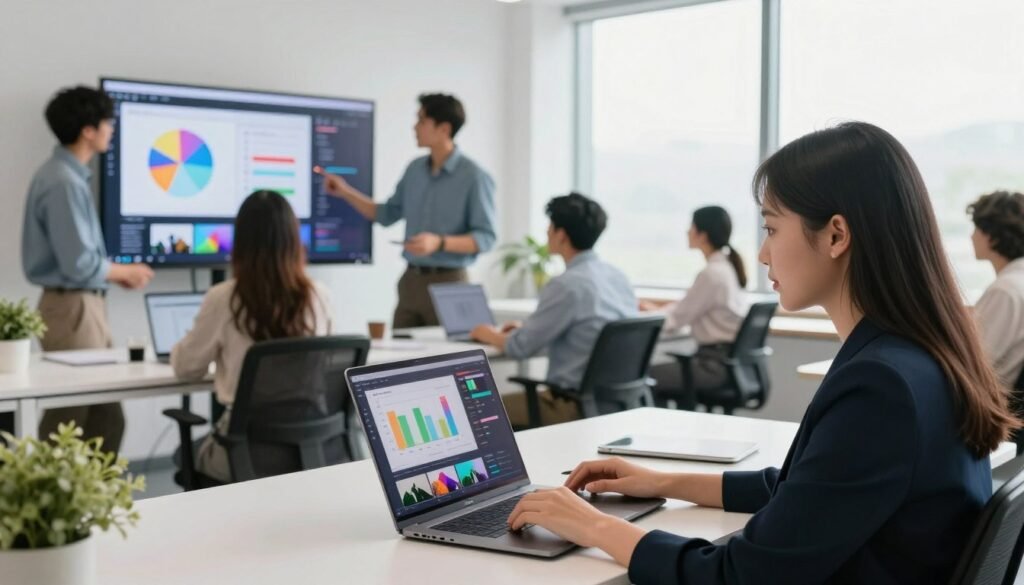 A vibrant and engaging workspace showcasing various professionals utilizing Renderforest for video creation, highlighting specific use cases. In the foreground, a young woman in professional business attire is focused on her laptop, with colorful graphs and video thumbnails displayed on the screen. In the middle ground, a diverse group of individuals is collaborating, discussing animated charts and visual content on a large screen, showcasing creativity and teamwork. The background features a modern office with bright, natural lighting streaming through large windows, adding a fresh and dynamic atmosphere. The scene captures a sense of innovation and professionalism, emphasizing the practical applications of Renderforest in real-world scenarios. The lens is slightly angled to enhance depth, providing a clear view of the workspace. A vibrant and engaging workspace showcasing various professionals utilizing Renderforest for video creation, highlighting specific use cases. In the foreground, a young woman in professional business attire is focused on her laptop, with colorful graphs and video thumbnails displayed on the screen. In the middle ground, a diverse group of individuals is collaborating, discussing animated charts and visual content on a large screen, showcasing creativity and teamwork. The background features a modern office with bright, natural lighting streaming through large windows, adding a fresh and dynamic atmosphere. The scene captures a sense of innovation and professionalism, emphasizing the practical applications of Renderforest in real-world scenarios. The lens is slightly angled to enhance depth, providing a clear view of the workspace.