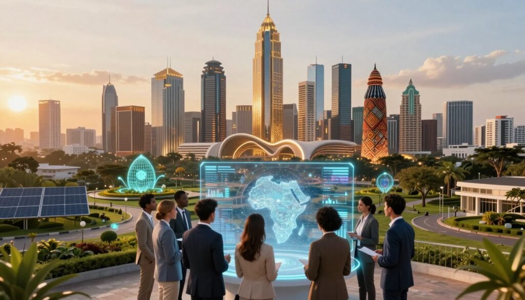 A vibrant and futuristic city skyline at sunset, showcasing innovative African architecture and technology. In the foreground, a diverse group of professionals in smart business attire collaborate around a holographic interface displaying data analytics and digital maps, symbolizing the future of African innovation. The middle ground includes dynamic, green urban spaces with solar panels and smart city features, while the background features iconic buildings inspired by African cultural motifs, illuminated by warm golden light. The atmosphere is optimistic and forward-looking, with a soft focus to create an inspiring, uplifting mood. Use a wide-angle lens to capture the scope and energy of this transformative vision. A vibrant and futuristic city skyline at sunset, showcasing innovative African architecture and technology. In the foreground, a diverse group of professionals in smart business attire collaborate around a holographic interface displaying data analytics and digital maps, symbolizing the future of African innovation. The middle ground includes dynamic, green urban spaces with solar panels and smart city features, while the background features iconic buildings inspired by African cultural motifs, illuminated by warm golden light. The atmosphere is optimistic and forward-looking, with a soft focus to create an inspiring, uplifting mood. Use a wide-angle lens to capture the scope and energy of this transformative vision.