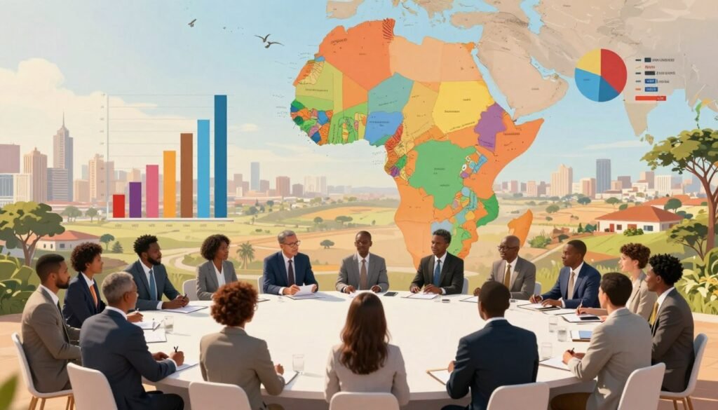 A vibrant and informative illustration depicting the economic disparities across different regions of Africa. In the foreground, a diverse group of professionals in business attire engages in discussion around a large map highlighting various countries, each colored differently to represent their GDP levels. In the middle ground, graphic representations such as bar charts and pie charts emerge, showcasing key economic indicators of these regions. The background features iconic African landscapes, transitioning from urban metropolises to rural areas, symbolizing the contrast in economic development. Soft, warm lighting enhances the collaborative atmosphere, while a wide-angle perspective captures the breadth of diversity and potential within the continent. The overall mood is one of optimism and insight, inviting viewers to explore the complexities of Africa’s economic landscape. A vibrant and informative illustration depicting the economic disparities across different regions of Africa. In the foreground, a diverse group of professionals in business attire engages in discussion around a large map highlighting various countries, each colored differently to represent their GDP levels. In the middle ground, graphic representations such as bar charts and pie charts emerge, showcasing key economic indicators of these regions. The background features iconic African landscapes, transitioning from urban metropolises to rural areas, symbolizing the contrast in economic development. Soft, warm lighting enhances the collaborative atmosphere, while a wide-angle perspective captures the breadth of diversity and potential within the continent. The overall mood is one of optimism and insight, inviting viewers to explore the complexities of Africa’s economic landscape.