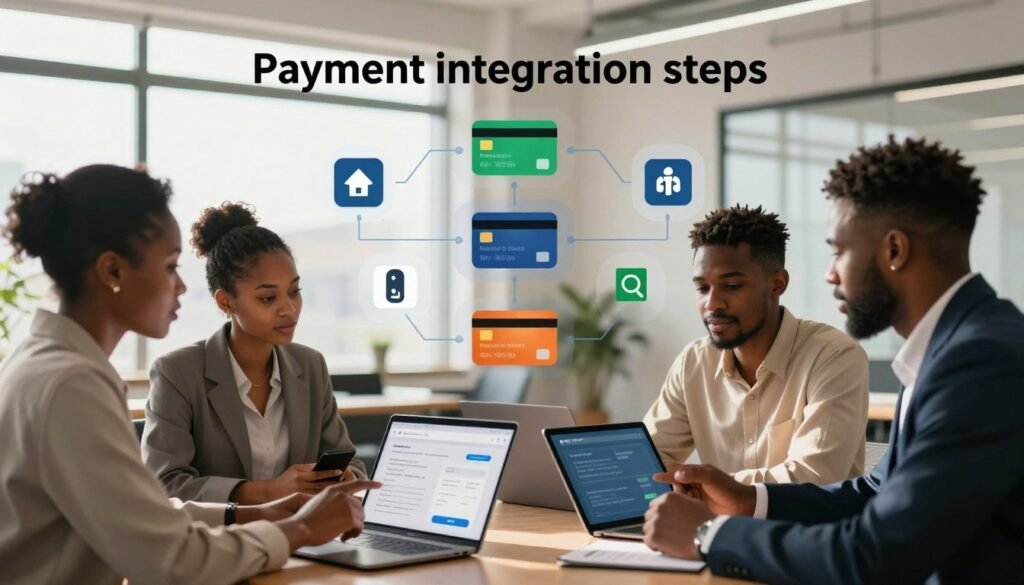 A vibrant and informative scene depicting the "payment integration steps" in a professional African business environment. In the foreground, a diverse group of business professionals, dressed in smart casual attire, are engaging in a collaborative discussion over a laptop and a tablet displaying payment integration interfaces. The middle layer showcases a digital representation of various payment methods, such as credit cards and mobile payments, illustrated through sleek icons and flowcharts. In the background, a modern office space with large windows allows natural light to flood in, casting soft shadows and creating a warm atmosphere. The overall mood is one of innovation and teamwork, conveying a sense of progress and opportunity in the payment acceptance landscape in Africa. A vibrant and informative scene depicting the "payment integration steps" in a professional African business environment. In the foreground, a diverse group of business professionals, dressed in smart casual attire, are engaging in a collaborative discussion over a laptop and a tablet displaying payment integration interfaces. The middle layer showcases a digital representation of various payment methods, such as credit cards and mobile payments, illustrated through sleek icons and flowcharts. In the background, a modern office space with large windows allows natural light to flood in, casting soft shadows and creating a warm atmosphere. The overall mood is one of innovation and teamwork, conveying a sense of progress and opportunity in the payment acceptance landscape in Africa.