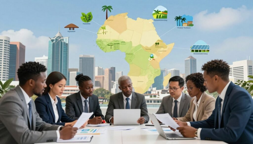 A vibrant and insightful scene depicting economic opportunities and investment in Africa. In the foreground, a diverse group of business professionals in smart business attire, engaged in a discussion, analyzing documents and charts. In the middle ground, a large map of Africa with highlighted investment hotspots, surrounded by visual representations of industries like agriculture, technology, and renewable energy. The background features a skyline of modern African cities, showcasing a blend of traditional and contemporary architecture under a clear blue sky. Bright, natural lighting illuminates the scene, creating an optimistic and dynamic atmosphere. The composition focuses on collaboration and progress, embodying a sense of growth and potential. A vibrant and insightful scene depicting economic opportunities and investment in Africa. In the foreground, a diverse group of business professionals in smart business attire, engaged in a discussion, analyzing documents and charts. In the middle ground, a large map of Africa with highlighted investment hotspots, surrounded by visual representations of industries like agriculture, technology, and renewable energy. The background features a skyline of modern African cities, showcasing a blend of traditional and contemporary architecture under a clear blue sky. Bright, natural lighting illuminates the scene, creating an optimistic and dynamic atmosphere. The composition focuses on collaboration and progress, embodying a sense of growth and potential.
