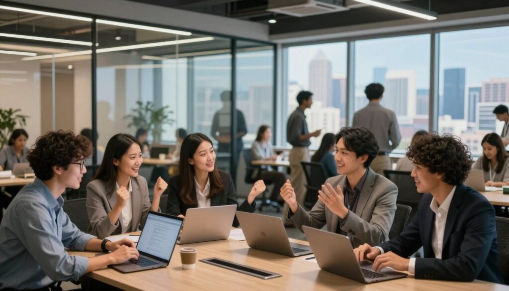 A vibrant and inspiring scene showcasing innovative start-ups celebrating their success stories. In the foreground, a diverse group of entrepreneurs in professional attire enthusiastically discusses their achievements, surrounded by laptops and digital devices. The middle ground features a modern office space with glass walls, showcasing lively brainstorming sessions and collaboration. In the background, large windows reveal a bustling city skyline under a clear blue sky, symbolizing growth and opportunity. Soft, warm lighting enhances the atmosphere, creating a sense of optimism and creativity. The image captures a dynamic moment of shared success, reflecting the spirit of innovation and entrepreneurship in a contemporary setting. A vibrant and inspiring scene showcasing innovative start-ups celebrating their success stories. In the foreground, a diverse group of entrepreneurs in professional attire enthusiastically discusses their achievements, surrounded by laptops and digital devices. The middle ground features a modern office space with glass walls, showcasing lively brainstorming sessions and collaboration. In the background, large windows reveal a bustling city skyline under a clear blue sky, symbolizing growth and opportunity. Soft, warm lighting enhances the atmosphere, creating a sense of optimism and creativity. The image captures a dynamic moment of shared success, reflecting the spirit of innovation and entrepreneurship in a contemporary setting.