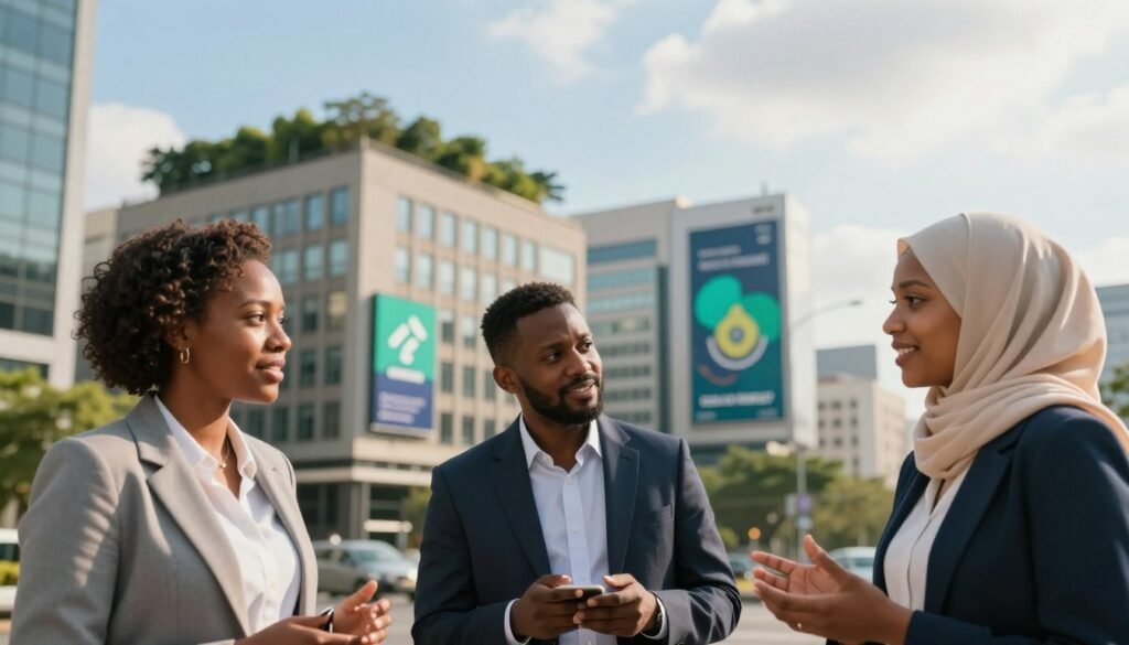 A vibrant and inspiring scene showcasing successful African fintech leaders in an urban setting. In the foreground, a diverse group of three professionals, a Black woman, a South Asian man, and a Middle-Eastern woman, all dressed in smart business attire, engage in a lively discussion. Their expressions convey determination and optimism. The middle ground includes modern office buildings with green rooftops symbolizing innovation and sustainability, as well as billboards featuring abstract graphics representing digital finance. In the background, a bright blue sky with soft clouds suggests a new day of opportunities. Use warm, inviting lighting to enhance the positive atmosphere, with a slight focus on the professionals while allowing the cityscape to complement the narrative of growth and success in fintech across Africa. A vibrant and inspiring scene showcasing successful African fintech leaders in an urban setting. In the foreground, a diverse group of three professionals, a Black woman, a South Asian man, and a Middle-Eastern woman, all dressed in smart business attire, engage in a lively discussion. Their expressions convey determination and optimism. The middle ground includes modern office buildings with green rooftops symbolizing innovation and sustainability, as well as billboards featuring abstract graphics representing digital finance. In the background, a bright blue sky with soft clouds suggests a new day of opportunities. Use warm, inviting lighting to enhance the positive atmosphere, with a slight focus on the professionals while allowing the cityscape to complement the narrative of growth and success in fintech across Africa.