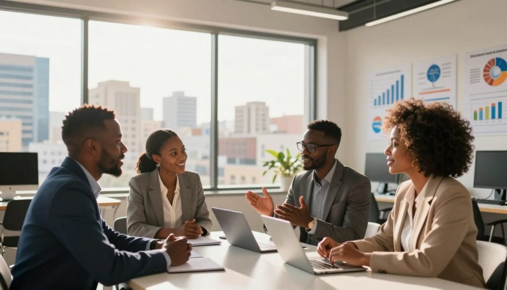 A vibrant and inspiring workspace representing the success keys of African startups. In the foreground, a diverse group of three business professionals, a man and two women, are engaged in a collaborative discussion around a modern table, dressed in professional business attire. The middle ground features a large, bright window displaying a bustling cityscape of African architecture, symbolizing growth and opportunity. The background showcases inspirational elements like charts, graphs, and innovative technology, representing progress and innovation. The lighting is warm and inviting, with sunlight filtering through the window, creating a positive and energetic atmosphere. The angle captures the dynamic interaction of the group, emphasizing teamwork and the collaborative spirit of African entrepreneurship. A vibrant and inspiring workspace representing the success keys of African startups. In the foreground, a diverse group of three business professionals, a man and two women, are engaged in a collaborative discussion around a modern table, dressed in professional business attire. The middle ground features a large, bright window displaying a bustling cityscape of African architecture, symbolizing growth and opportunity. The background showcases inspirational elements like charts, graphs, and innovative technology, representing progress and innovation. The lighting is warm and inviting, with sunlight filtering through the window, creating a positive and energetic atmosphere. The angle captures the dynamic interaction of the group, emphasizing teamwork and the collaborative spirit of African entrepreneurship.