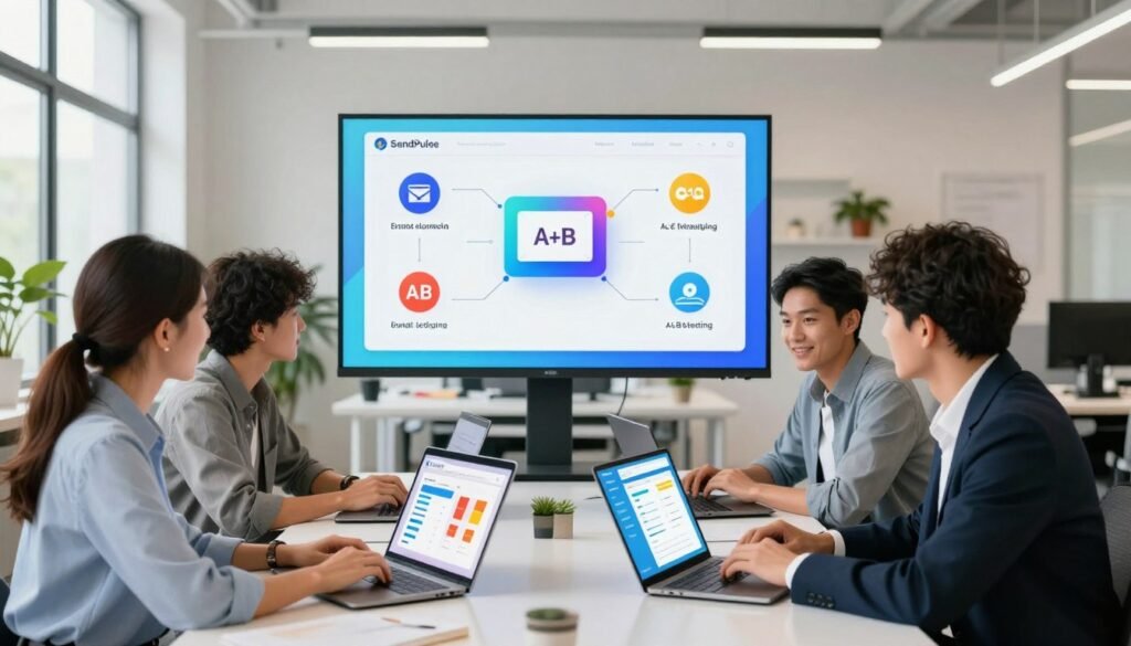 A vibrant and inviting office space showcasing the key features of SendPulse for effective email campaigns. In the foreground, a diverse group of three professionals, dressed in smart business attire, collaborate around a sleek table with laptops open, displaying colorful charts and email templates. In the middle ground, a large screen highlights key SendPulse functionalities, like automation, analytics, and A/B testing, illustrated with vibrant icons and diagrams. The background features a bright workspace with large windows letting in natural light, plants, and modern office decor that conveys a creative atmosphere. The scene is well-lit with soft, even illumination, capturing a feeling of productivity and innovation. A vibrant and inviting office space showcasing the key features of SendPulse for effective email campaigns. In the foreground, a diverse group of three professionals, dressed in smart business attire, collaborate around a sleek table with laptops open, displaying colorful charts and email templates. In the middle ground, a large screen highlights key SendPulse functionalities, like automation, analytics, and A/B testing, illustrated with vibrant icons and diagrams. The background features a bright workspace with large windows letting in natural light, plants, and modern office decor that conveys a creative atmosphere. The scene is well-lit with soft, even illumination, capturing a feeling of productivity and innovation.