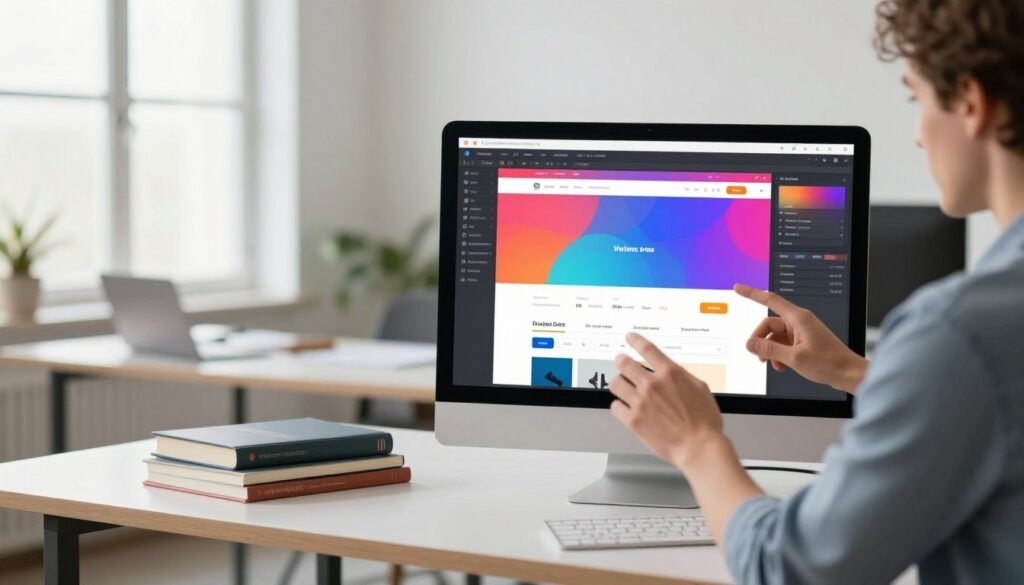 A vibrant and modern visual editor interface without code, set in a sleek office environment. In the foreground, a large computer screen displays colorful website templates and intuitive drag-and-drop tools, emphasizing user-friendly design. A professional figure in smart casual attire interacts with the screen, gesturing with enthusiasm. In the middle ground, a stylish desk is adorned with design books and a laptop, radiating creativity and innovation. In the background, large windows allow natural light to flood the room, creating a bright and welcoming atmosphere. Soft shadows enhance the depth, while a shallow depth of field keeps focus on the editor interface. The overall mood is inspiring, conveying simplicity and accessibility in web design. A vibrant and modern visual editor interface without code, set in a sleek office environment. In the foreground, a large computer screen displays colorful website templates and intuitive drag-and-drop tools, emphasizing user-friendly design. A professional figure in smart casual attire interacts with the screen, gesturing with enthusiasm. In the middle ground, a stylish desk is adorned with design books and a laptop, radiating creativity and innovation. In the background, large windows allow natural light to flood the room, creating a bright and welcoming atmosphere. Soft shadows enhance the depth, while a shallow depth of field keeps focus on the editor interface. The overall mood is inspiring, conveying simplicity and accessibility in web design.