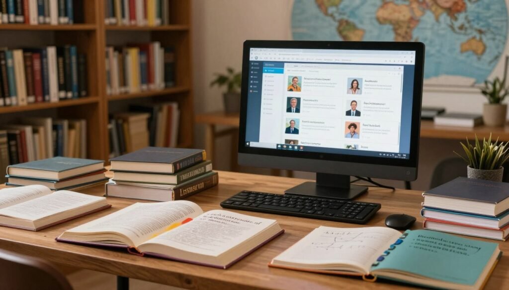 A vibrant and organized workspace showcasing a diverse catalogue of languages and academic subjects. In the foreground, a beautifully arranged wooden desk displays open books and notebooks with colorful tabs, representing various languages like Spanish, French, and Mandarin alongside subjects such as Mathematics and Science. In the middle ground, a computer screen glows, reflecting a digital interface filled with academic resources and course options. The background features a cozy library setting with shelves filled with books and an inspiring world map on the wall. The lighting is warm and inviting, casting a gentle glow over the scene, emphasizing a professional yet approachable atmosphere, perfect for modern online learning and personalized courses. A vibrant and organized workspace showcasing a diverse catalogue of languages and academic subjects. In the foreground, a beautifully arranged wooden desk displays open books and notebooks with colorful tabs, representing various languages like Spanish, French, and Mandarin alongside subjects such as Mathematics and Science. In the middle ground, a computer screen glows, reflecting a digital interface filled with academic resources and course options. The background features a cozy library setting with shelves filled with books and an inspiring world map on the wall. The lighting is warm and inviting, casting a gentle glow over the scene, emphasizing a professional yet approachable atmosphere, perfect for modern online learning and personalized courses.
