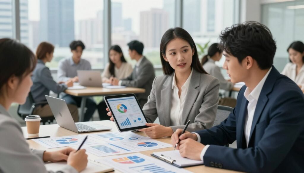A vibrant and professional business environment showcasing diverse individuals engaging in client acquisition strategies. In the foreground, a confident businesswoman in smart attire presents a digital tablet with data analytics, while a business man in a suit takes notes, both focused and collaborating. The middle ground features a round table with charts, graphs, and marketing materials strewn about, representing dynamic discussion and teamwork. In the background, large windows reveal a bustling city skyline, symbolizing opportunity and growth. Soft, natural lighting filters through, creating an inviting and motivating atmosphere. The overall mood is one of energy and determination, emphasizing practical examples of successful client acquisition strategies. A vibrant and professional business environment showcasing diverse individuals engaging in client acquisition strategies. In the foreground, a confident businesswoman in smart attire presents a digital tablet with data analytics, while a business man in a suit takes notes, both focused and collaborating. The middle ground features a round table with charts, graphs, and marketing materials strewn about, representing dynamic discussion and teamwork. In the background, large windows reveal a bustling city skyline, symbolizing opportunity and growth. Soft, natural lighting filters through, creating an inviting and motivating atmosphere. The overall mood is one of energy and determination, emphasizing practical examples of successful client acquisition strategies.