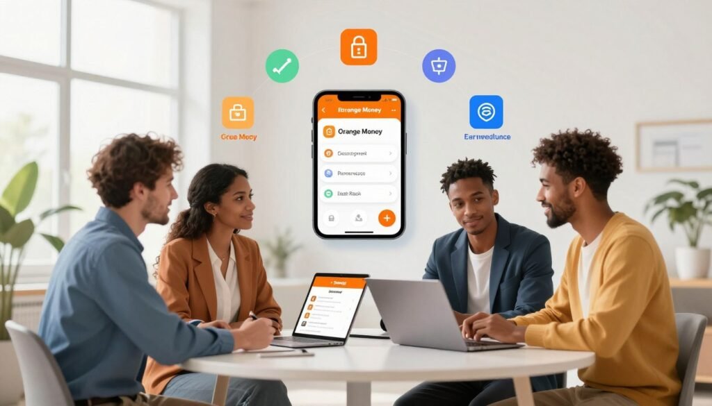 A vibrant and professional illustration showcasing the advantages of integrating Orange Money into e-commerce. In the foreground, depict a diverse group of three business professionals in smart casual attire discussing strategies around a laptop, seated at a modern workspace. In the middle ground, include various digital devices displaying the Orange Money app, such as smartphones and tablets, surrounded by colorful icons representing different e-commerce advantages like security, ease of payment, and reach. The background features a bright, clean office environment with large windows allowing sunlight to stream in, creating an open and inviting atmosphere. The overall mood is optimistic and forward-thinking, exemplifying innovation in business and commerce. Use soft lighting to enhance clarity and focus on the interaction and devices. A vibrant and professional illustration showcasing the advantages of integrating Orange Money into e-commerce. In the foreground, depict a diverse group of three business professionals in smart casual attire discussing strategies around a laptop, seated at a modern workspace. In the middle ground, include various digital devices displaying the Orange Money app, such as smartphones and tablets, surrounded by colorful icons representing different e-commerce advantages like security, ease of payment, and reach. The background features a bright, clean office environment with large windows allowing sunlight to stream in, creating an open and inviting atmosphere. The overall mood is optimistic and forward-thinking, exemplifying innovation in business and commerce. Use soft lighting to enhance clarity and focus on the interaction and devices.