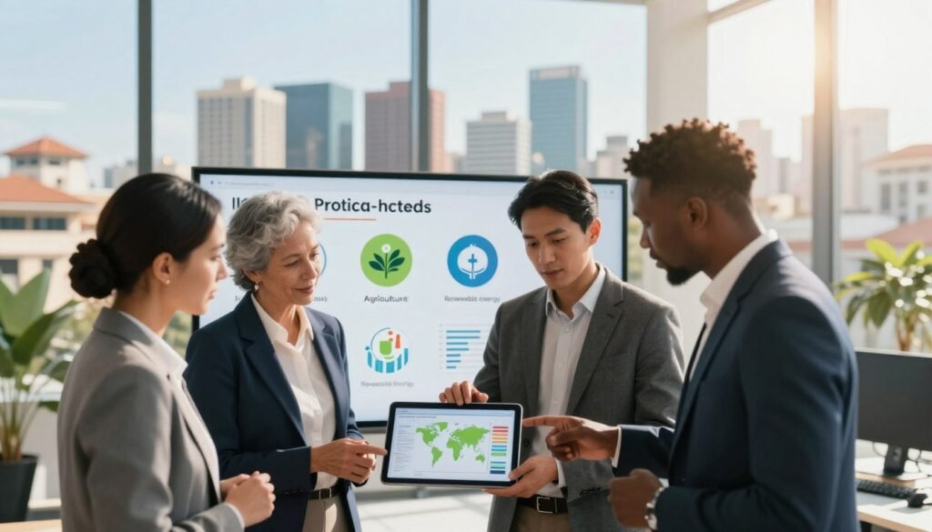 A vibrant and professional office environment depicting key sectors of activity to prioritize in Africa. In the foreground, a diverse group of three business professionals in smart attire, discussing over a digital tablet displaying graphs and maps. In the middle, clear infographics and icons representing sectors like technology, agriculture, renewable energy, and healthcare are visible as part of a modern presentation backdrop. The background features a large window with a view of an African city skyline, showcasing a blend of modern and traditional architecture under a bright, sunny atmosphere. The lighting is warm and inviting, emphasizing a sense of opportunity and growth, with a slight lens blur to keep the focus on the professionals and infographics. A vibrant and professional office environment depicting key sectors of activity to prioritize in Africa. In the foreground, a diverse group of three business professionals in smart attire, discussing over a digital tablet displaying graphs and maps. In the middle, clear infographics and icons representing sectors like technology, agriculture, renewable energy, and healthcare are visible as part of a modern presentation backdrop. The background features a large window with a view of an African city skyline, showcasing a blend of modern and traditional architecture under a bright, sunny atmosphere. The lighting is warm and inviting, emphasizing a sense of opportunity and growth, with a slight lens blur to keep the focus on the professionals and infographics.