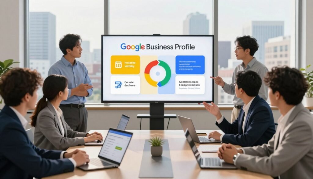A vibrant and professional office setting showcasing the advantages of Google Business Profile for businesses. In the foreground, a diverse group of business professionals, dressed in smart business attire, are engaged in a dynamic discussion around a modern conference table filled with laptops and digital devices displaying Google Business Profile features. In the middle, a large screen displays a colorful infographic highlighting key benefits like increased visibility, improved customer engagement, and local SEO advantages. The background features a large window with a cityscape view, bathed in warm natural light that enhances the positive atmosphere. The scene is infused with a collaborative and inspirational mood, emphasizing growth and innovation within a business context. A vibrant and professional office setting showcasing the advantages of Google Business Profile for businesses. In the foreground, a diverse group of business professionals, dressed in smart business attire, are engaged in a dynamic discussion around a modern conference table filled with laptops and digital devices displaying Google Business Profile features. In the middle, a large screen displays a colorful infographic highlighting key benefits like increased visibility, improved customer engagement, and local SEO advantages. The background features a large window with a cityscape view, bathed in warm natural light that enhances the positive atmosphere. The scene is infused with a collaborative and inspirational mood, emphasizing growth and innovation within a business context.