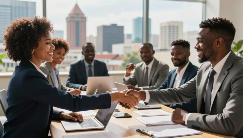 A vibrant business meeting scene set in a modern African cityscape, featuring a diverse group of professionals in business attire engaged in a dynamic discussion. In the foreground, a French businesswoman and an African entrepreneur shake hands, symbolizing partnership and collaboration. The middle ground showcases a conference table surrounded by participants exchanging ideas, with laptops and documents spread out. The background reveals an iconic skyline with elements of African architecture blended with modern structures, under a bright, sunny sky. Soft, natural lighting enhances the warm atmosphere, evoking inspiration and success. The composition conveys positivity, professionalism, and the potential of fruitful business relationships in Africa. A vibrant business meeting scene set in a modern African cityscape, featuring a diverse group of professionals in business attire engaged in a dynamic discussion. In the foreground, a French businesswoman and an African entrepreneur shake hands, symbolizing partnership and collaboration. The middle ground showcases a conference table surrounded by participants exchanging ideas, with laptops and documents spread out. The background reveals an iconic skyline with elements of African architecture blended with modern structures, under a bright, sunny sky. Soft, natural lighting enhances the warm atmosphere, evoking inspiration and success. The composition conveys positivity, professionalism, and the potential of fruitful business relationships in Africa.