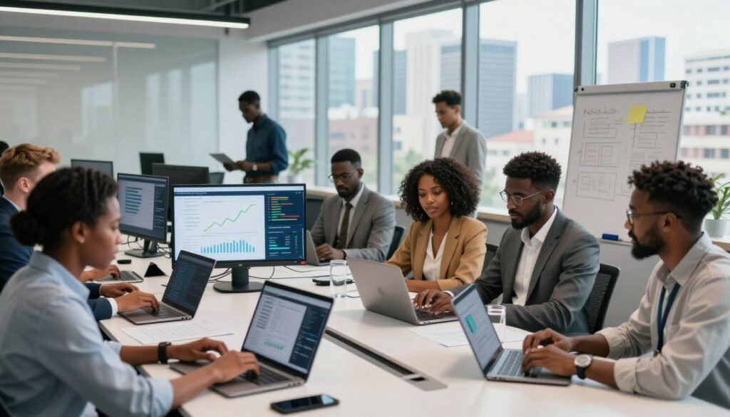 A vibrant, bustling African fintech office, filled with professionals working on laptops and digital screens showcasing innovative technology. In the foreground, a diverse group of individuals, including a Black woman and a South Asian man, are engaged in a brainstorming session at a sleek conference table, dressed in professional attire. In the middle ground, monitors display graphs and charts reflecting financial growth, while a modern whiteboard is filled with ideas. The background features a large window with a panoramic view of a busy city skyline, representing economic potential. The lighting is bright and inspiring, creating a sense of optimism and innovation. The image captures the dynamic atmosphere of technological advancement in Africa’s financial sector. A vibrant, bustling African fintech office, filled with professionals working on laptops and digital screens showcasing innovative technology. In the foreground, a diverse group of individuals, including a Black woman and a South Asian man, are engaged in a brainstorming session at a sleek conference table, dressed in professional attire. In the middle ground, monitors display graphs and charts reflecting financial growth, while a modern whiteboard is filled with ideas. The background features a large window with a panoramic view of a busy city skyline, representing economic potential. The lighting is bright and inspiring, creating a sense of optimism and innovation. The image captures the dynamic atmosphere of technological advancement in Africa’s financial sector.