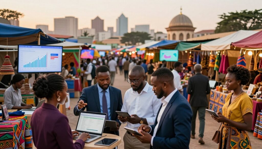 A vibrant, bustling digital marketplace scene set in an African context. In the foreground, a diverse group of professionals (male and female) in smart business attire are engaged in discussions over laptops and digital tablets, analyzing e-commerce strategies. The middle ground features colorful market stalls with products showcasing local craftsmanship, while screens display online sales graphs and growth metrics. The background reveals an urban skyline combined with traditional African architecture, bathed in warm, natural lighting of sunset. The overall mood is energetic and optimistic, symbolizing growth and potential in African e-commerce. The lens is wide-angle to capture the dynamic interaction of people and the marketplace. A vibrant, bustling digital marketplace scene set in an African context. In the foreground, a diverse group of professionals (male and female) in smart business attire are engaged in discussions over laptops and digital tablets, analyzing e-commerce strategies. The middle ground features colorful market stalls with products showcasing local craftsmanship, while screens display online sales graphs and growth metrics. The background reveals an urban skyline combined with traditional African architecture, bathed in warm, natural lighting of sunset. The overall mood is energetic and optimistic, symbolizing growth and potential in African e-commerce. The lens is wide-angle to capture the dynamic interaction of people and the marketplace.