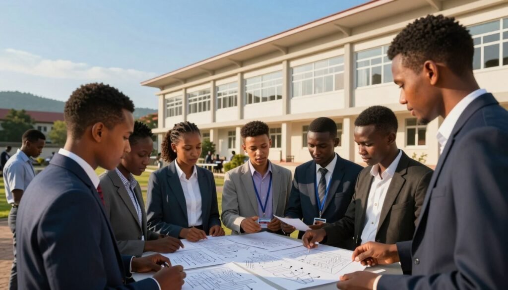 A vibrant campus scene depicting the electrical engineering department at Addis Ababa University. In the foreground, a group of diverse students, dressed in professional business attire, engage in animated discussions over circuit diagrams and technical drawings. The middle ground features modern buildings with large windows, symbolizing innovation, and students working on projects. In the background, a bright blue sky and distant hills create a sense of openness and opportunity. The lighting is warm and inviting, reminiscent of late afternoon sun, casting soft shadows. The image conveys a mood of excitement, collaboration, and academic pursuit, highlighting the journey and educational environment of aspiring engineers in Ethiopia. A vibrant campus scene depicting the electrical engineering department at Addis Ababa University. In the foreground, a group of diverse students, dressed in professional business attire, engage in animated discussions over circuit diagrams and technical drawings. The middle ground features modern buildings with large windows, symbolizing innovation, and students working on projects. In the background, a bright blue sky and distant hills create a sense of openness and opportunity. The lighting is warm and inviting, reminiscent of late afternoon sun, casting soft shadows. The image conveys a mood of excitement, collaboration, and academic pursuit, highlighting the journey and educational environment of aspiring engineers in Ethiopia.