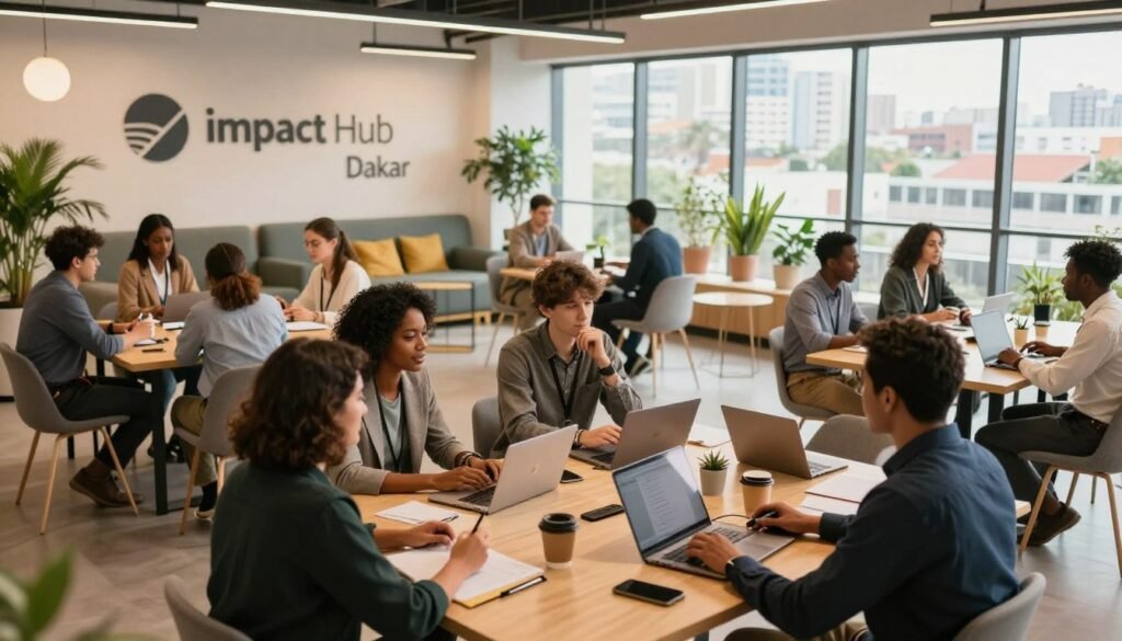 A vibrant co-working space at Impact Hub Dakar, featuring a diverse group of professionals in business casual attire, engaged in collaborative discussions. In the foreground, a large communal table with laptops, coffee cups, and notepads scattered across it. The middle ground showcases stylish seating areas with modern furniture, networking spots, and greenery, creating an inviting atmosphere. The background reveals large windows allowing natural light to flood the room, with city views of Dakar visible outside. Soft, warm lighting enhances the sense of productivity and creativity. The overall mood is dynamic and positive, highlighting the benefits of joining this innovative coworking community, showcasing professionalism and collaboration. A vibrant co-working space at Impact Hub Dakar, featuring a diverse group of professionals in business casual attire, engaged in collaborative discussions. In the foreground, a large communal table with laptops, coffee cups, and notepads scattered across it. The middle ground showcases stylish seating areas with modern furniture, networking spots, and greenery, creating an inviting atmosphere. The background reveals large windows allowing natural light to flood the room, with city views of Dakar visible outside. Soft, warm lighting enhances the sense of productivity and creativity. The overall mood is dynamic and positive, highlighting the benefits of joining this innovative coworking community, showcasing professionalism and collaboration.