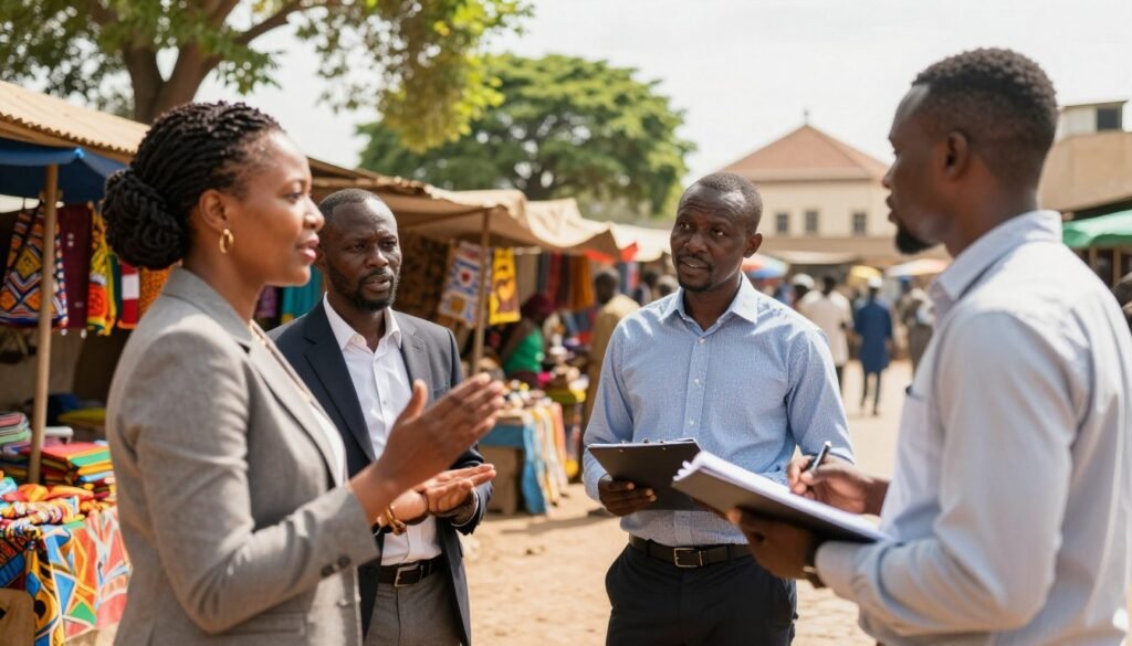 A vibrant, collaborative business scene depicting diverse professionals engaging in strategic discussions in an open-air market setting in Africa. In the foreground, a middle-aged Black woman in professional attire gestures enthusiastically while two men, one of South Asian descent and another of North African descent, attentively listen with notepads in hand. In the middle ground, colorful market stalls display local goods and textiles, symbolizing a connection to the community. The background features lush greenery and traditional African architecture under a bright, sunny sky, enhancing the ambiance of opportunity and partnership. The scene is illuminated with warm, natural lighting, creating an inviting atmosphere that reflects hope, collaboration, and mutual growth. A vibrant, collaborative business scene depicting diverse professionals engaging in strategic discussions in an open-air market setting in Africa. In the foreground, a middle-aged Black woman in professional attire gestures enthusiastically while two men, one of South Asian descent and another of North African descent, attentively listen with notepads in hand. In the middle ground, colorful market stalls display local goods and textiles, symbolizing a connection to the community. The background features lush greenery and traditional African architecture under a bright, sunny sky, enhancing the ambiance of opportunity and partnership. The scene is illuminated with warm, natural lighting, creating an inviting atmosphere that reflects hope, collaboration, and mutual growth.