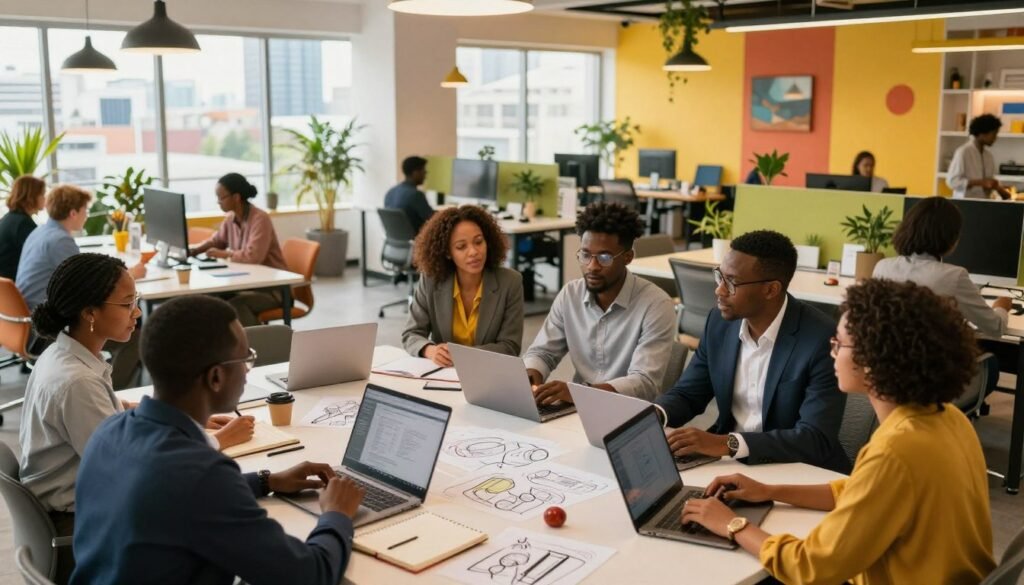 A vibrant coworking space filled with diverse professionals engaged in discussions and innovative activities, symbolizing the spirit of entrepreneurship and innovation in Abidjan. In the foreground, a group of individuals in professional business attire collaborates around a large table, showcasing laptops, notebooks, and sketches of ideas. In the middle, open workstations are seen, featuring bright, colorful decor and plants that create an inviting atmosphere. The background reveals large windows with natural light flooding in, cityscape views providing a dynamic energy. The lighting is warm and inviting, enhancing a mood of creativity and collaboration. The overall composition should convey an uplifting and energetic environment, emphasizing community and growth in entrepreneurship. A vibrant coworking space filled with diverse professionals engaged in discussions and innovative activities, symbolizing the spirit of entrepreneurship and innovation in Abidjan. In the foreground, a group of individuals in professional business attire collaborates around a large table, showcasing laptops, notebooks, and sketches of ideas. In the middle, open workstations are seen, featuring bright, colorful decor and plants that create an inviting atmosphere. The background reveals large windows with natural light flooding in, cityscape views providing a dynamic energy. The lighting is warm and inviting, enhancing a mood of creativity and collaboration. The overall composition should convey an uplifting and energetic environment, emphasizing community and growth in entrepreneurship.