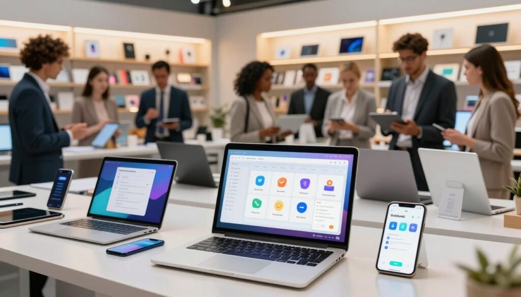 A vibrant digital marketplace scene showcasing a variety of modern digital tools and software applications. In the foreground, a sleek laptop displays a colorful dashboard with icons of popular productivity tools, surrounded by tablets and smartphones with engaging interfaces. The middle layer features a diverse group of professionals in business attire, discussing and collaborating over the displayed technology, conveying a sense of teamwork and innovation. In the background, stylized shelves filled with digital products are illuminated by soft, warm lighting, creating an inviting atmosphere. The overall mood is energetic and entrepreneurial, capturing the essence of a thriving digital marketplace. Use a wide-angle lens to emphasize the expansive environment and add depth to the scene. A vibrant digital marketplace scene showcasing a variety of modern digital tools and software applications. In the foreground, a sleek laptop displays a colorful dashboard with icons of popular productivity tools, surrounded by tablets and smartphones with engaging interfaces. The middle layer features a diverse group of professionals in business attire, discussing and collaborating over the displayed technology, conveying a sense of teamwork and innovation. In the background, stylized shelves filled with digital products are illuminated by soft, warm lighting, creating an inviting atmosphere. The overall mood is energetic and entrepreneurial, capturing the essence of a thriving digital marketplace. Use a wide-angle lens to emphasize the expansive environment and add depth to the scene.