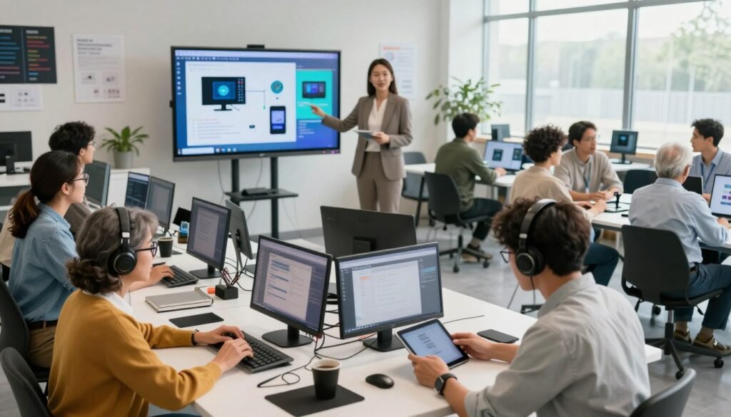 A vibrant digital workshop scene showcasing an inclusive environment for learning. In the foreground, a diverse group of individuals, including a middle-aged woman wearing glasses, a young man with headphones, and a senior man with a tablet, are engaged in hands-on digital training, demonstrating collaboration and focus. In the middle ground, a large screen displays colorful visuals of technological tools and tutorials, while facilitators, dressed in professional attire, guide their learning. The background features a spacious, modern classroom filled with bright natural light from large windows, adorned with tech gadgets and educational posters. The atmosphere is encouraging and empowering, reflecting a sense of community and innovation. Use soft, even lighting to create an optimistic mood, captured from a slightly elevated angle to encompass the entire workshop dynamic. A vibrant digital workshop scene showcasing an inclusive environment for learning. In the foreground, a diverse group of individuals, including a middle-aged woman wearing glasses, a young man with headphones, and a senior man with a tablet, are engaged in hands-on digital training, demonstrating collaboration and focus. In the middle ground, a large screen displays colorful visuals of technological tools and tutorials, while facilitators, dressed in professional attire, guide their learning. The background features a spacious, modern classroom filled with bright natural light from large windows, adorned with tech gadgets and educational posters. The atmosphere is encouraging and empowering, reflecting a sense of community and innovation. Use soft, even lighting to create an optimistic mood, captured from a slightly elevated angle to encompass the entire workshop dynamic.