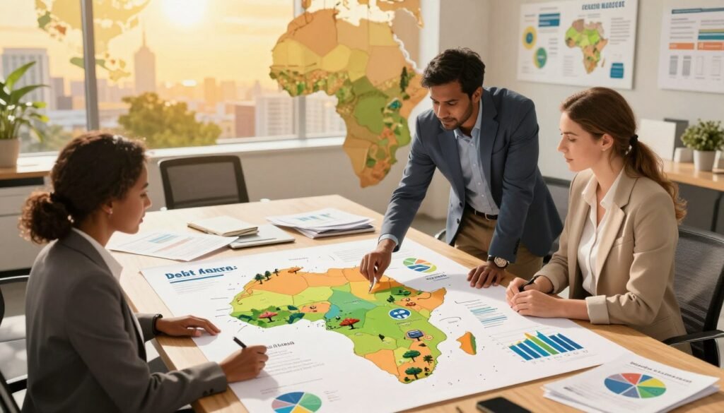 A vibrant illustration depicting the concept of resource transformation in Africa, set in an office environment. In the foreground, a diverse group of three professionals – a Black woman and a South Asian man, both in business attire, and a Caucasian woman in modest casual wear – collaborate over a large map of Africa filled with graphics showing natural resources and economic growth. In the middle ground, charts and reports lay scattered on a conference table, symbolizing the debt challenges and reform discussions. The background features a rich tapestry of African landscapes and urban silhouettes, with a warm golden light casting an optimistic glow, evoking a hopeful atmosphere. The perspective is slightly elevated, offering a broad view of engagement and teamwork in the face of contemporary challenges. A vibrant illustration depicting the concept of resource transformation in Africa, set in an office environment. In the foreground, a diverse group of three professionals – a Black woman and a South Asian man, both in business attire, and a Caucasian woman in modest casual wear – collaborate over a large map of Africa filled with graphics showing natural resources and economic growth. In the middle ground, charts and reports lay scattered on a conference table, symbolizing the debt challenges and reform discussions. The background features a rich tapestry of African landscapes and urban silhouettes, with a warm golden light casting an optimistic glow, evoking a hopeful atmosphere. The perspective is slightly elevated, offering a broad view of engagement and teamwork in the face of contemporary challenges.